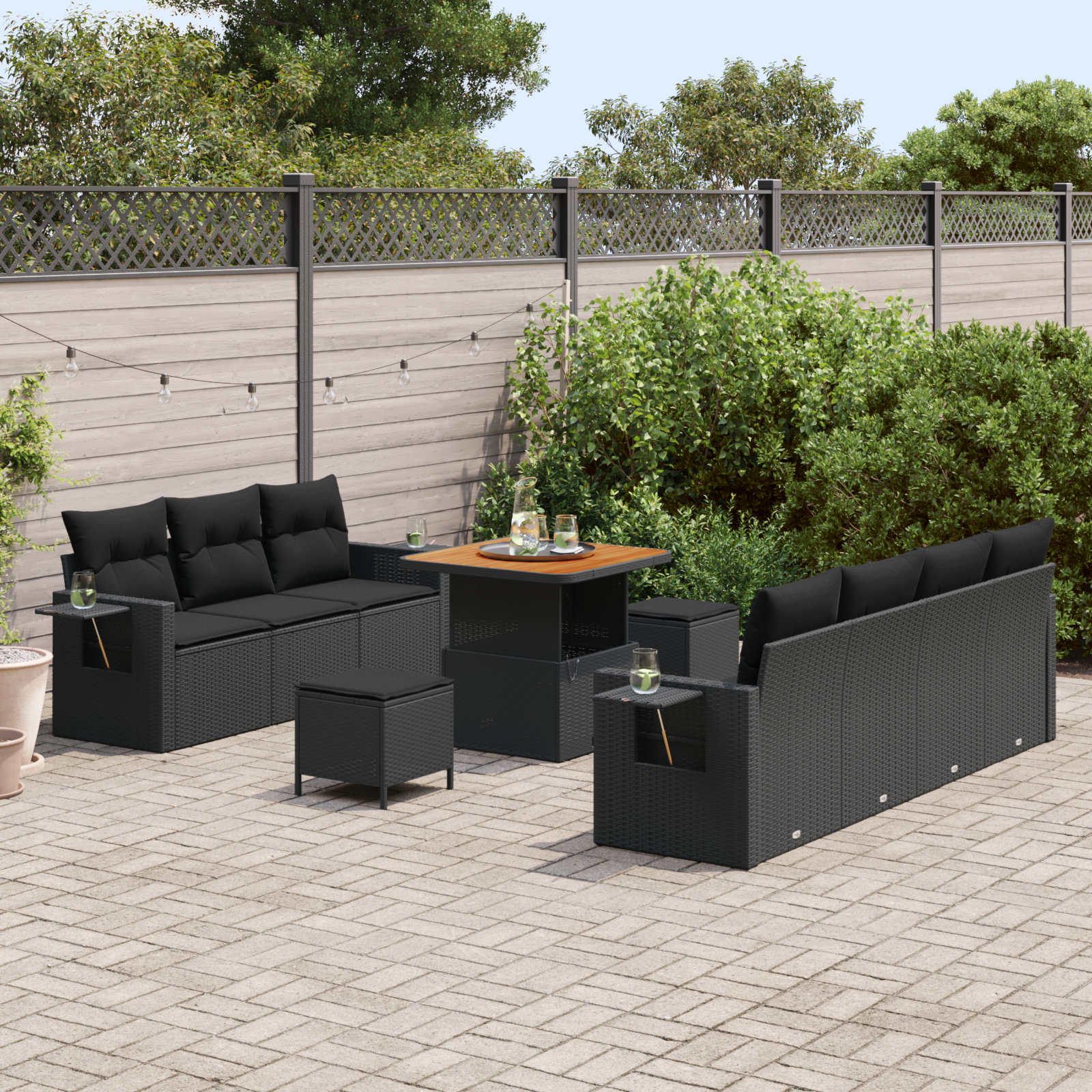 vidaXL 10-delige Tuinbankenset met kussens poly rattan acacia zwart