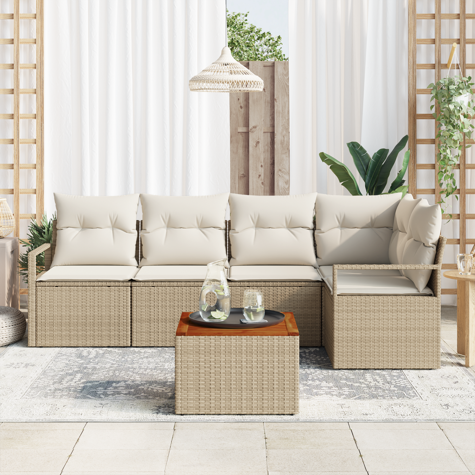 vidaXL 6-delige tuinset met kussens in beige poly rattan en acacia