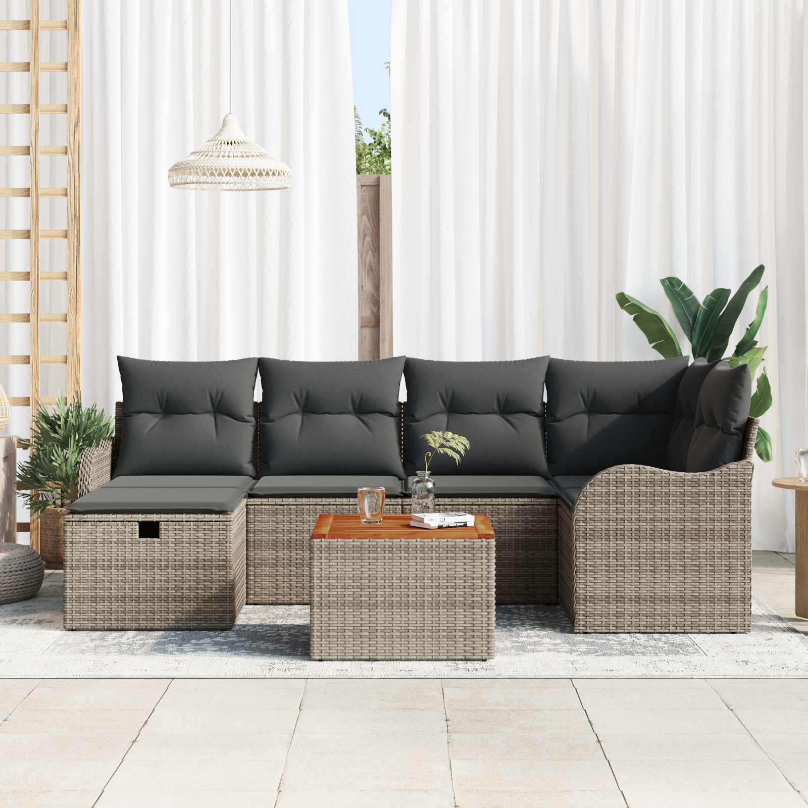 vidaXL 7-delige Tuinbankenset met kussens poly rattan grijs