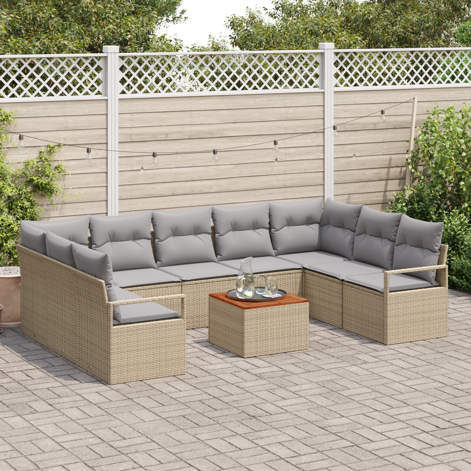 vidaXL 10-delige Tuinbankset met Kussens Beige Poly Rattan Acacia