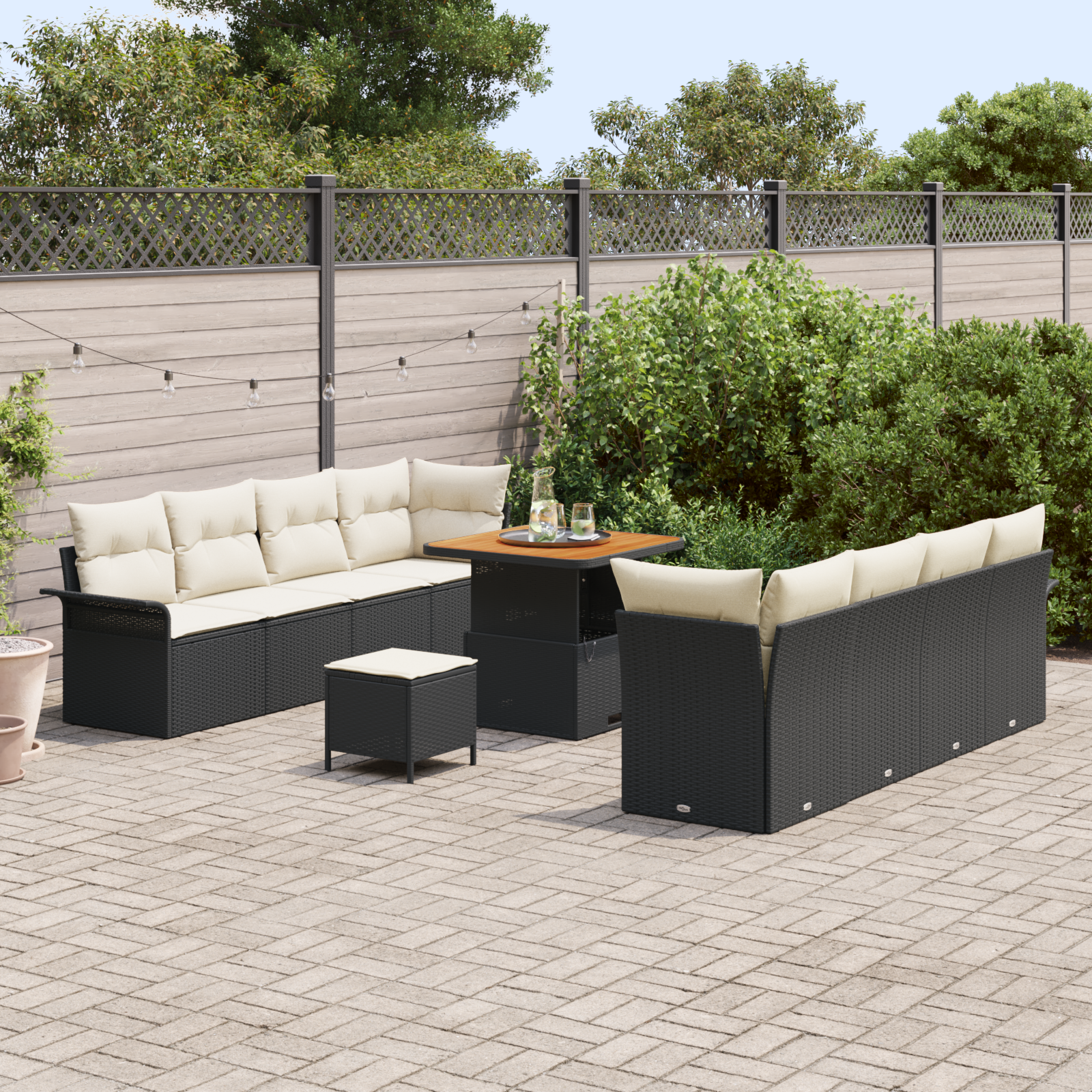 vidaXL 11-delig tuinbankstel met kussens zwart poly rattan acacia