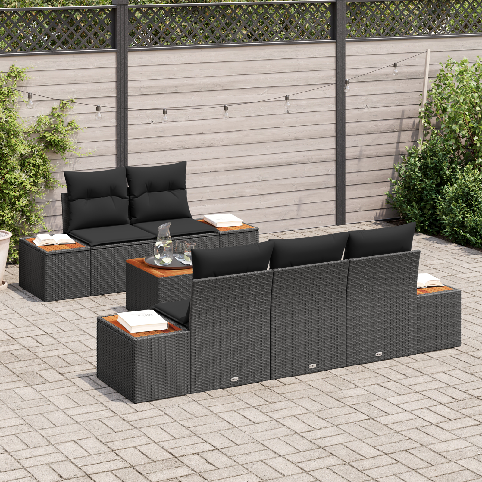 vidaXL 6-delige tuinset met kussens zwart poly rattan acacia