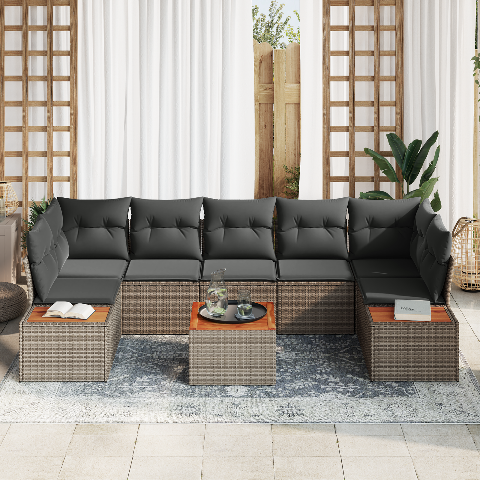 vidaXL 8-delige Tuinbankenset met kussens poly rattan acacia grijs