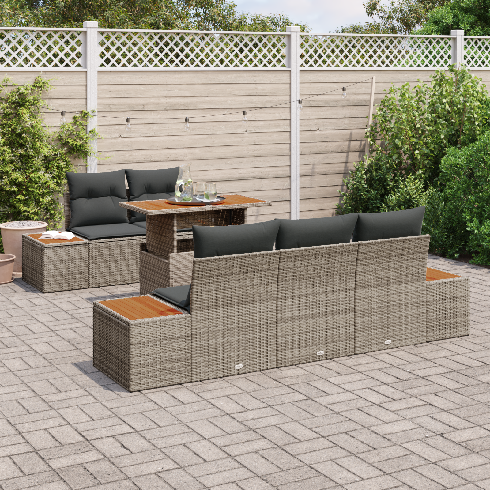 vidaXL 6-delige Tuinset met kussens poly rattan acaciahout grijs