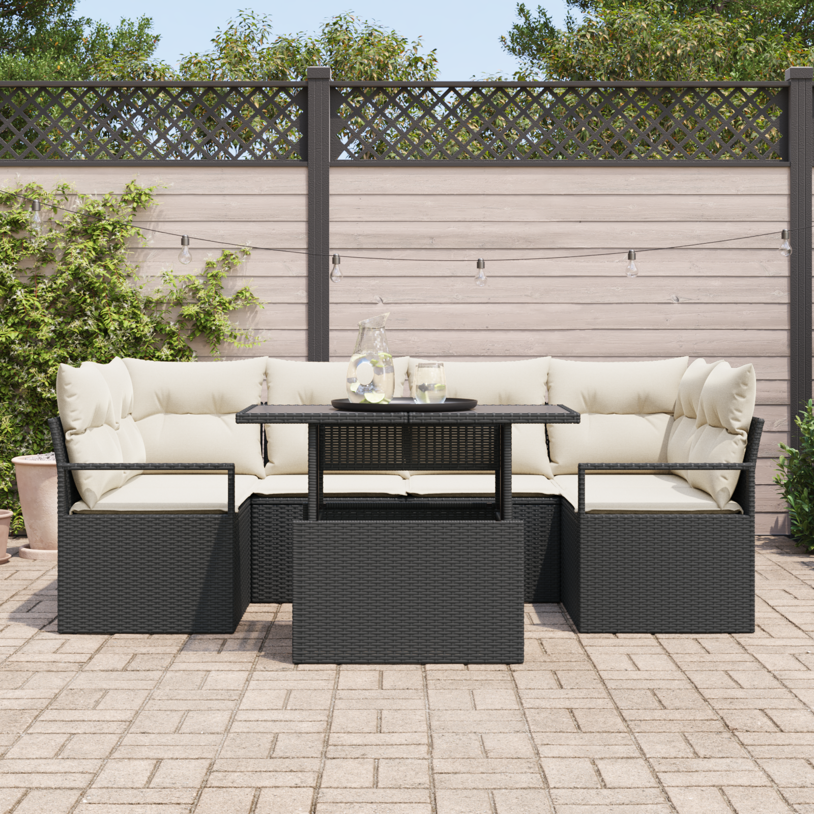 vidaXL 7-delige Tuinbankenset met kussens poly rattan zwart