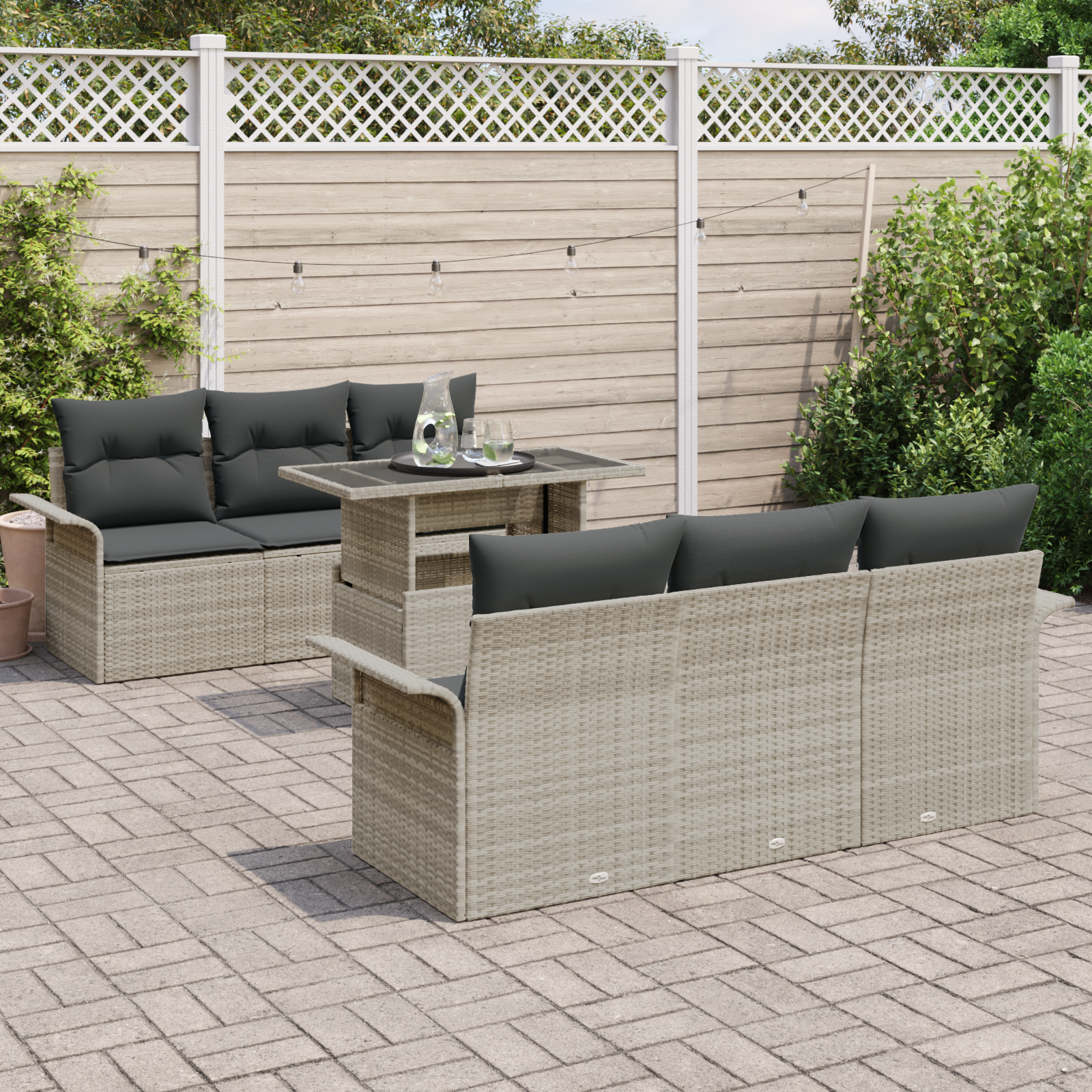 vidaXL 7-delige Tuinbankenset met kussens poly rattan lichtgrijs