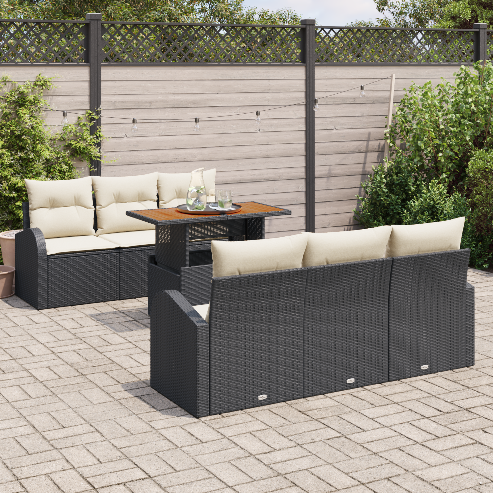 vidaXL 7-delig tuinbankstel met kussens zwart poly rattan