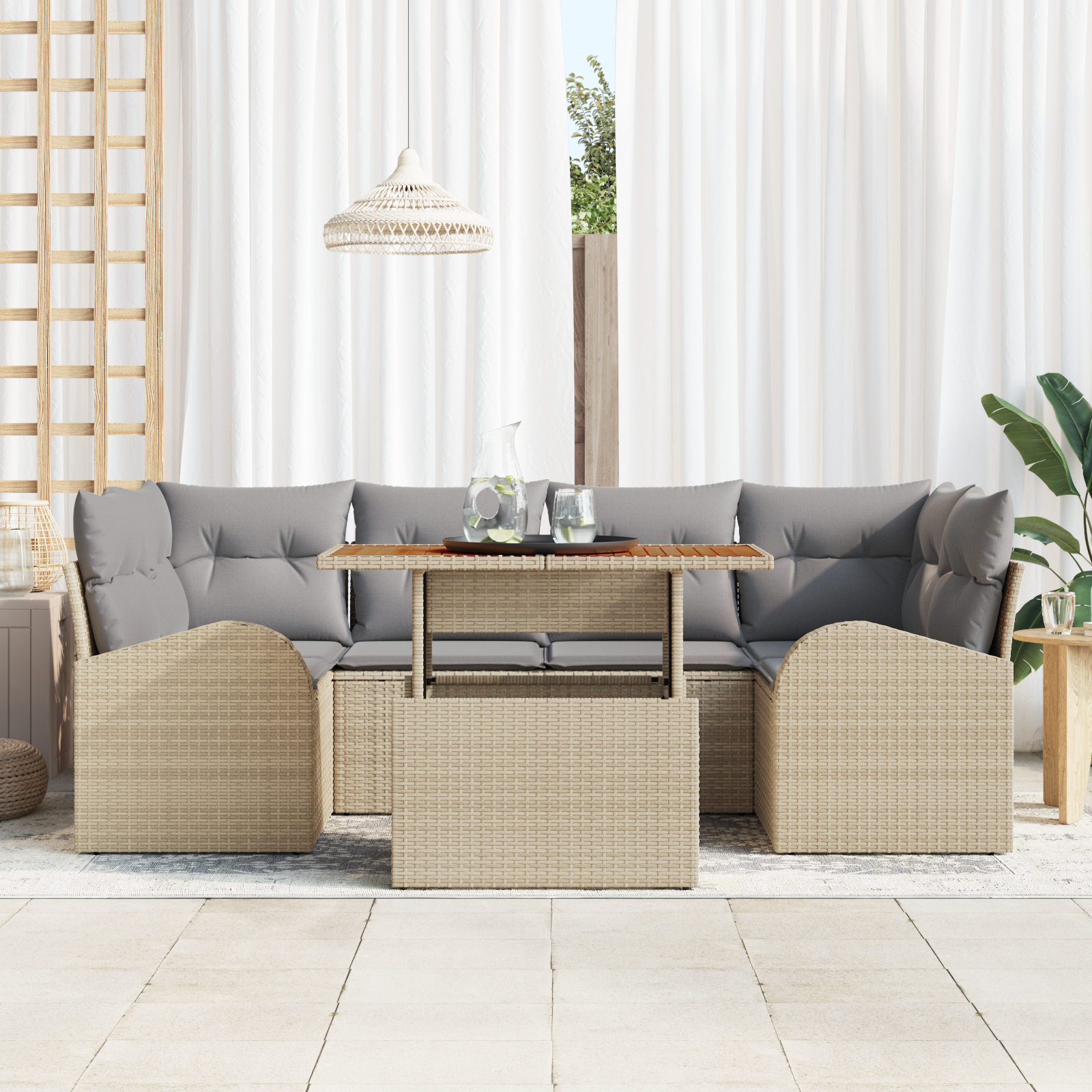 vidaXL 7-delige tuinset met kussens in beige poly rattan