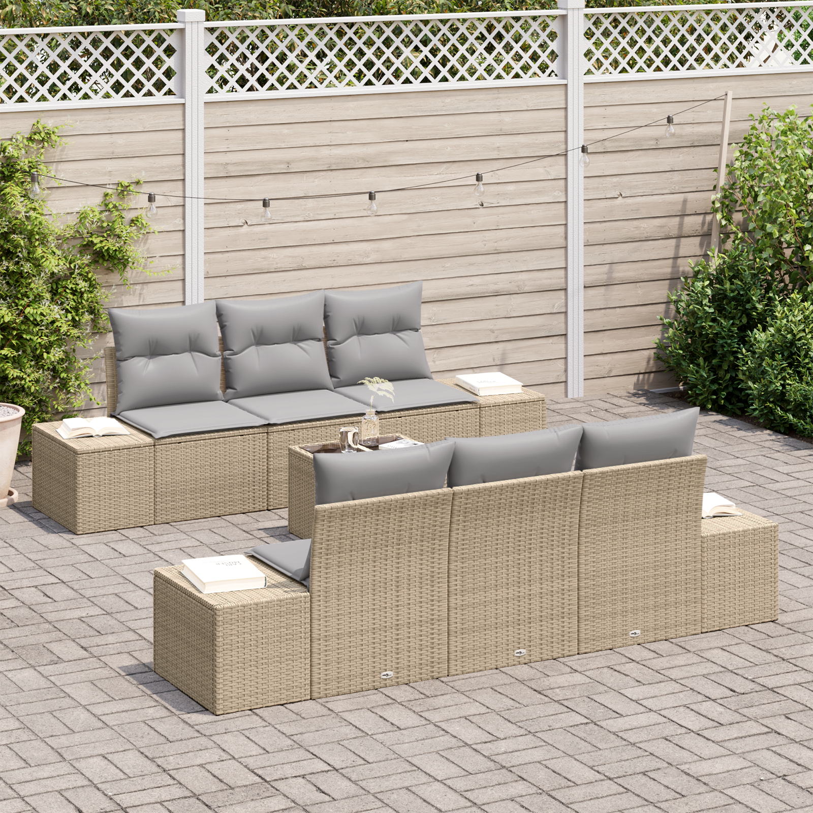 vidaXL 7-delige ligbedset met kussens Beige Poly Rattan