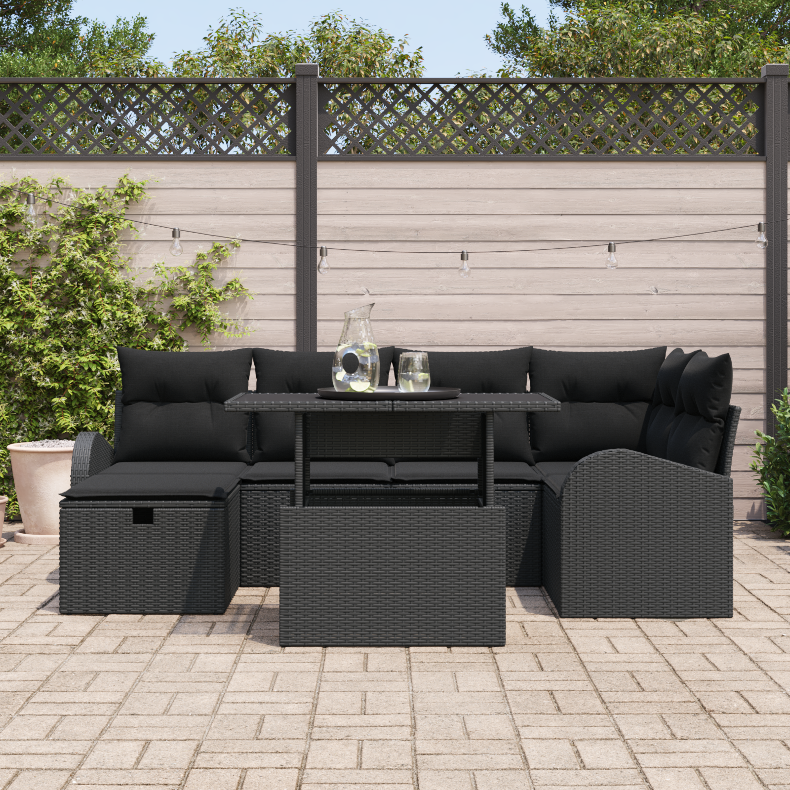 vidaXL 7-delige tuinset met kussens zwart poly rattan