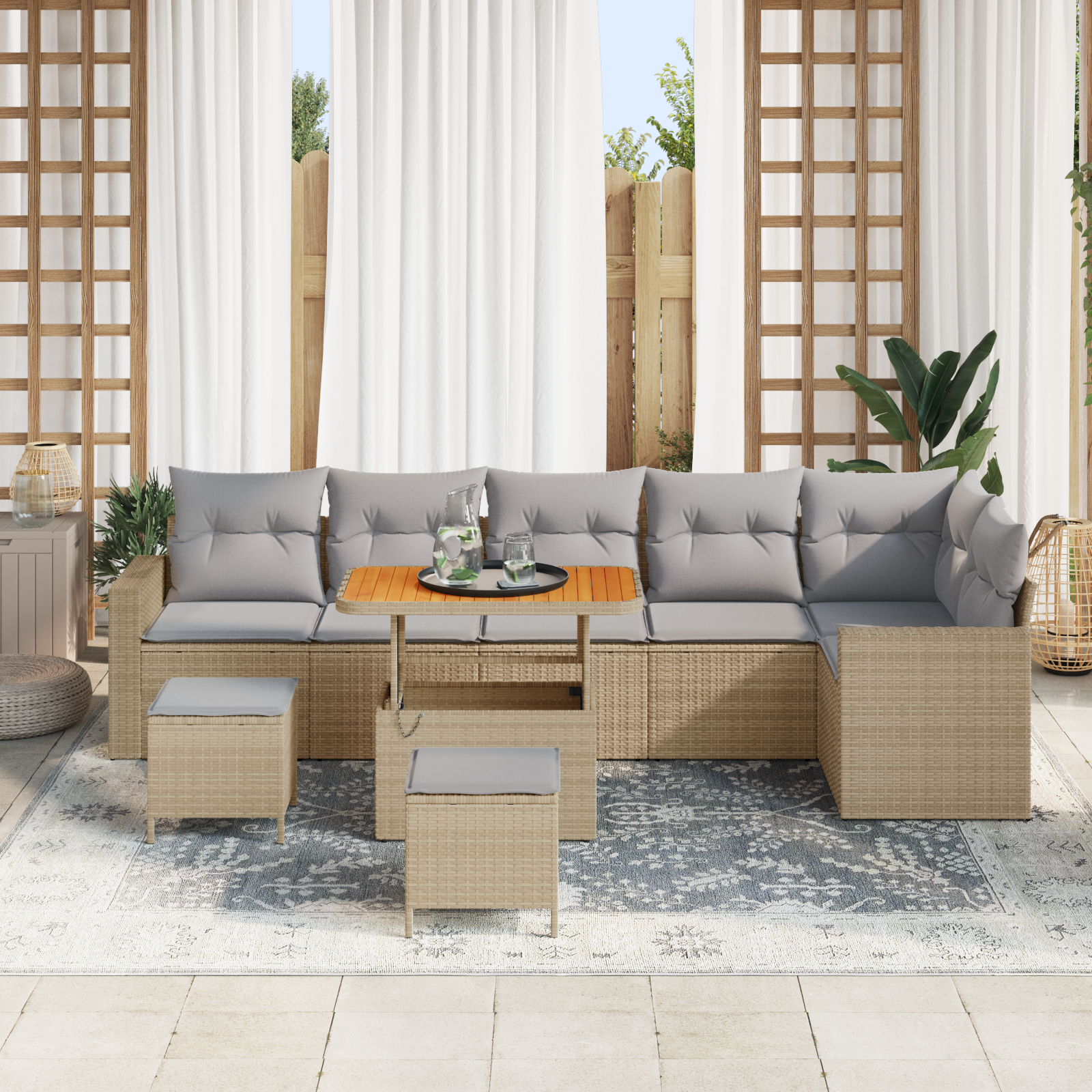 vidaXL 9-delige Tuinbankenset met kussens poly rattan acacia beige
