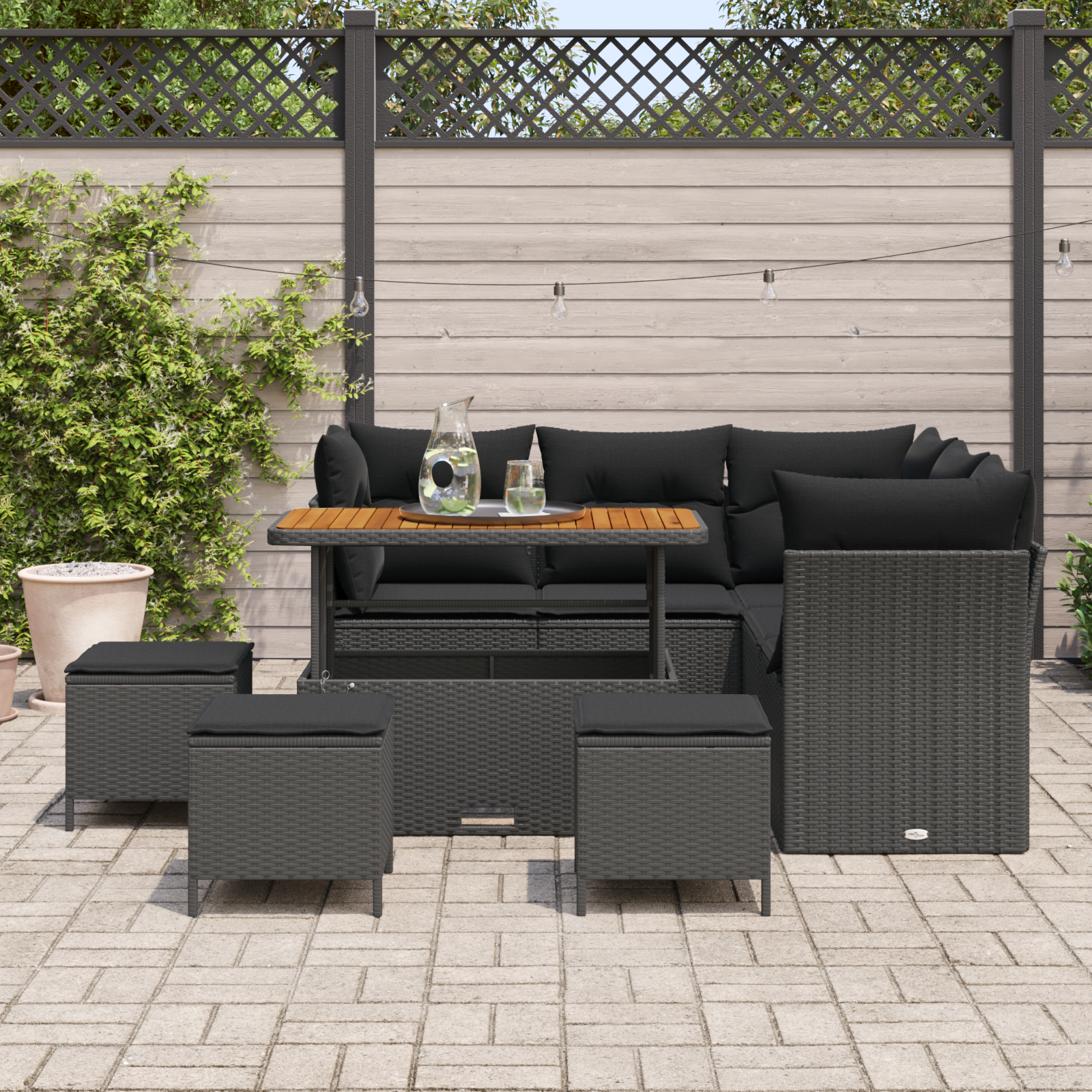 vidaXL 9-delige tuinset met kussens van zwart poly rattan en acacia