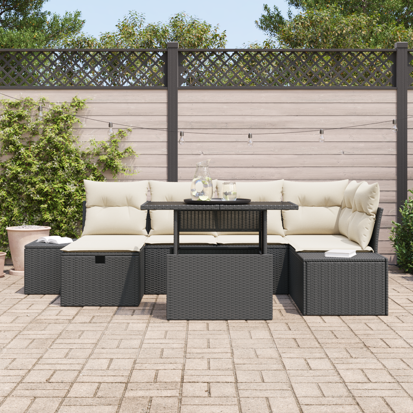 vidaXL 7-delige tuinset met kussens zwart poly rattan