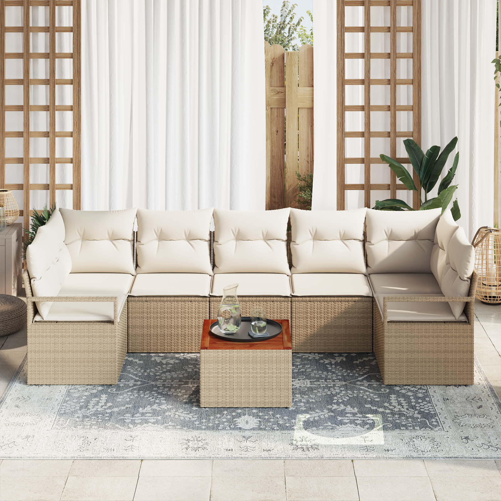 vidaXL 8-delige tuinsofa set met kussens in beige poly rattan en acacia