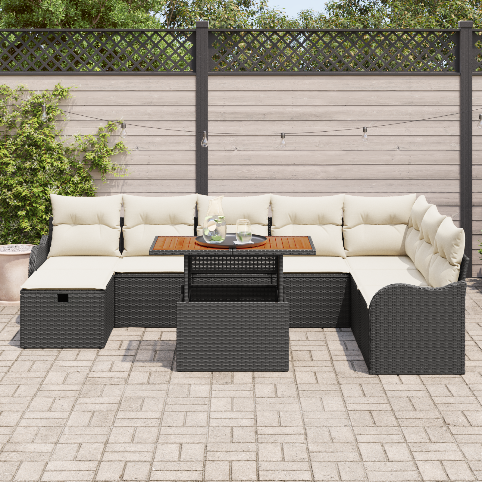 vidaXL 9-delige tuinset met kussens zwart poly riet