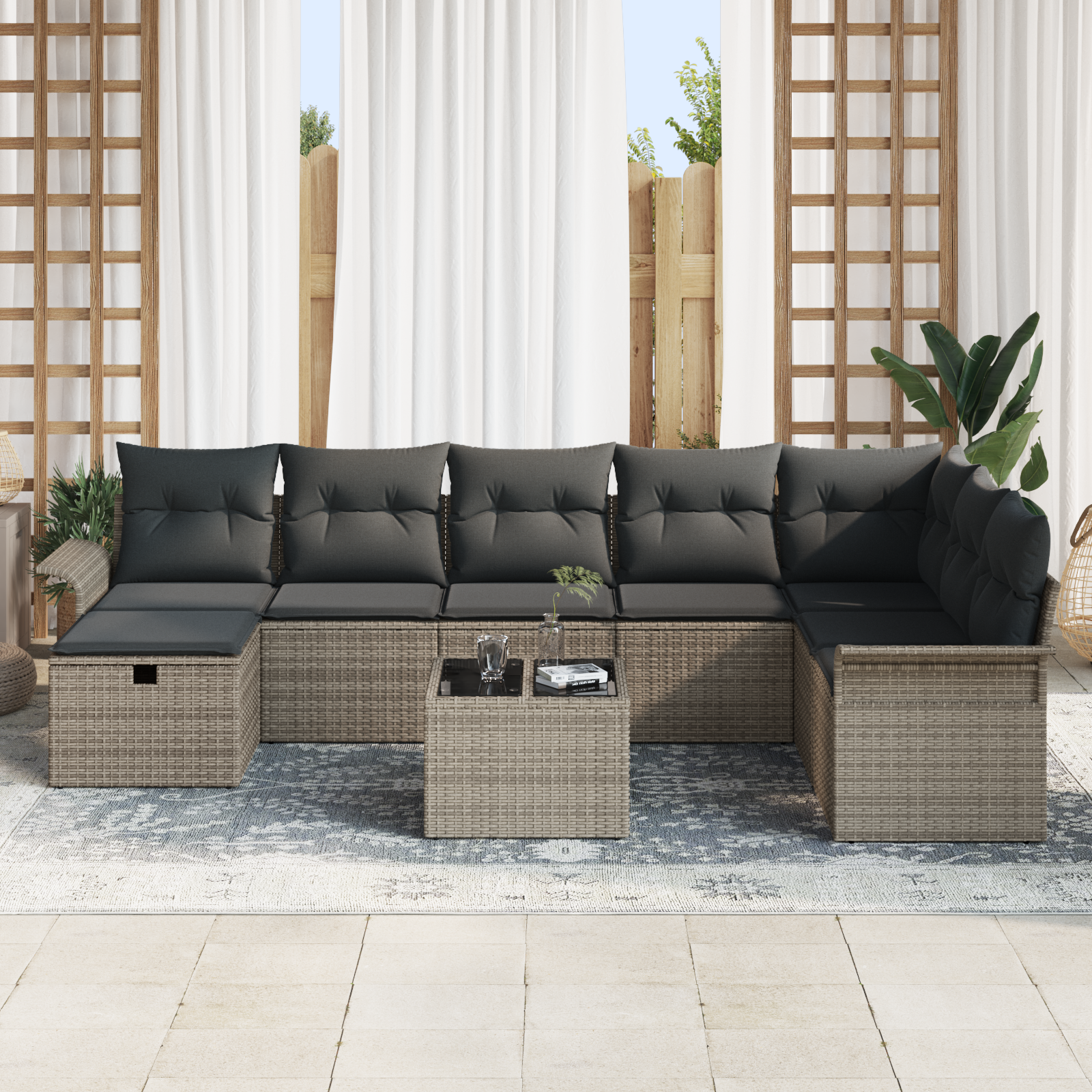 vidaXL 9-delige Tuinbankenset met kussens poly rattan grijs