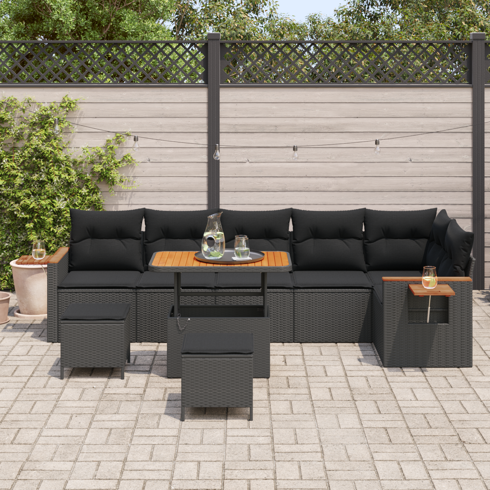 vidaXL 9-delige Tuinbankenset met kussens poly rattan acacia zwart