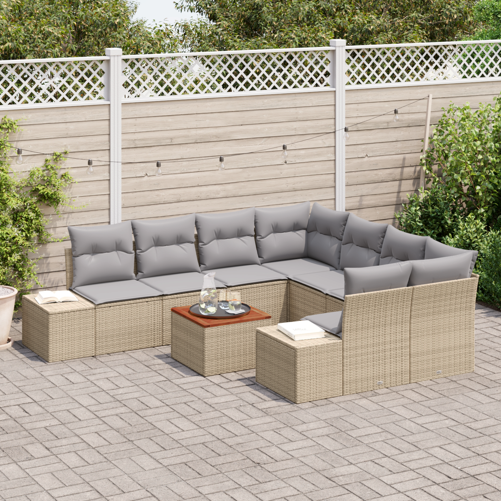 vidaXL 9-delige tuinset met kussens Beige Poly Rattan Acacia