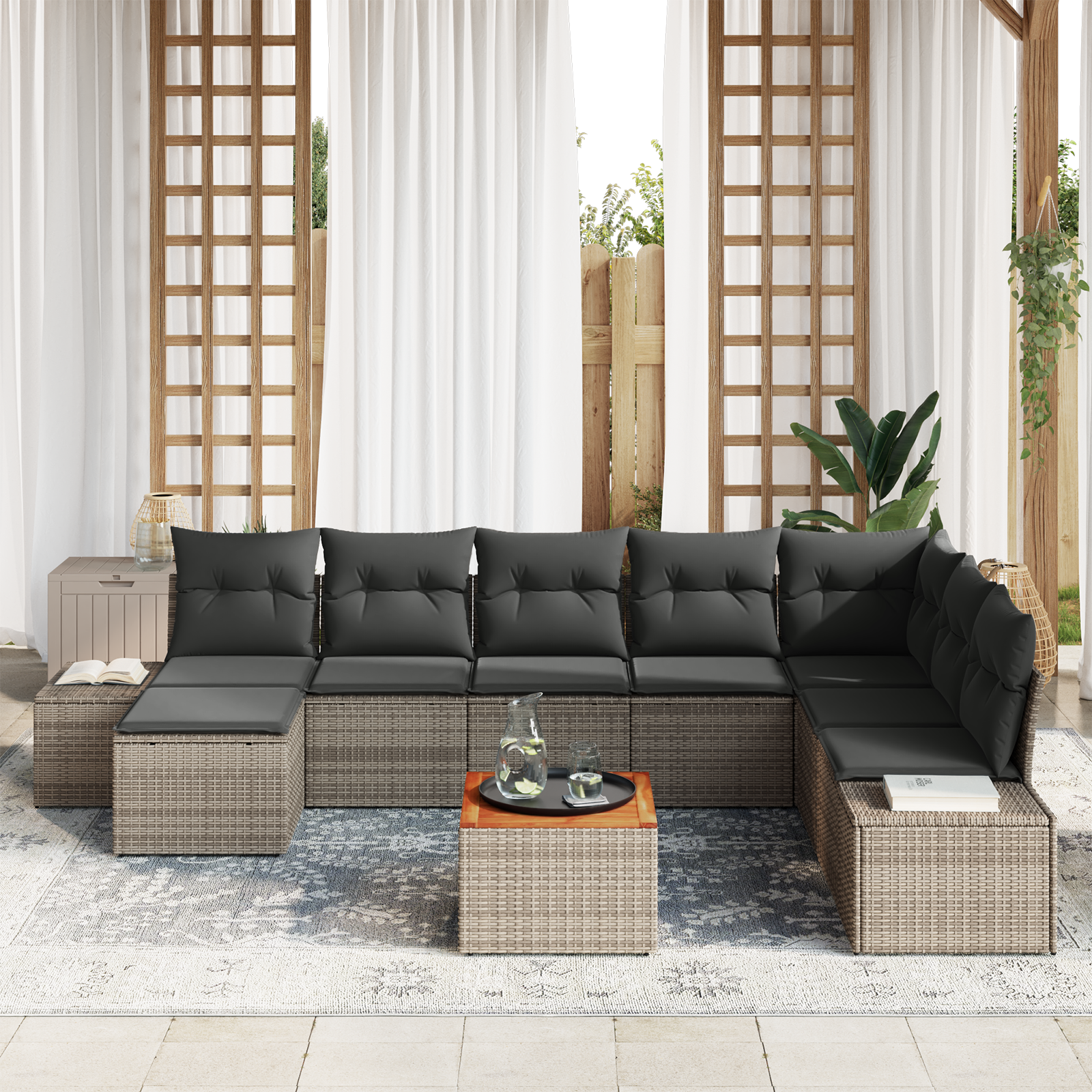 vidaXL 9-delige Tuinbankenset met kussens poly rattan acaciahout grijs