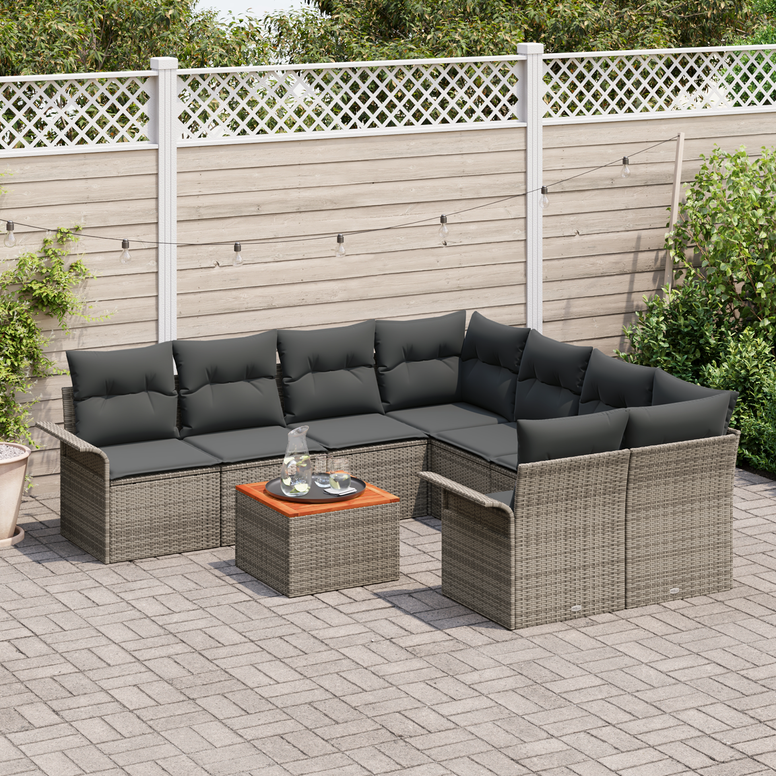 vidaXL 9-delige Tuinbankenset met kussens poly rattan acacia grijs