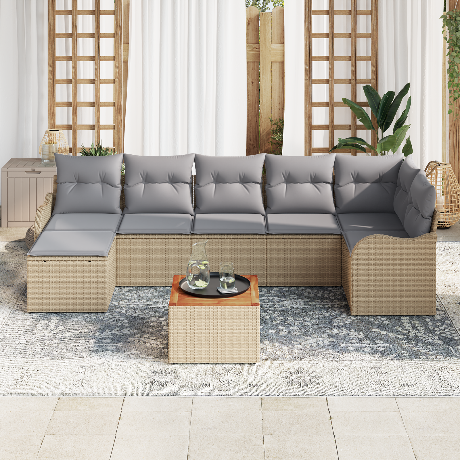 vidaXL 8-delig Tuinbankstel met Kussens in Beige Poly Riet en Acacia