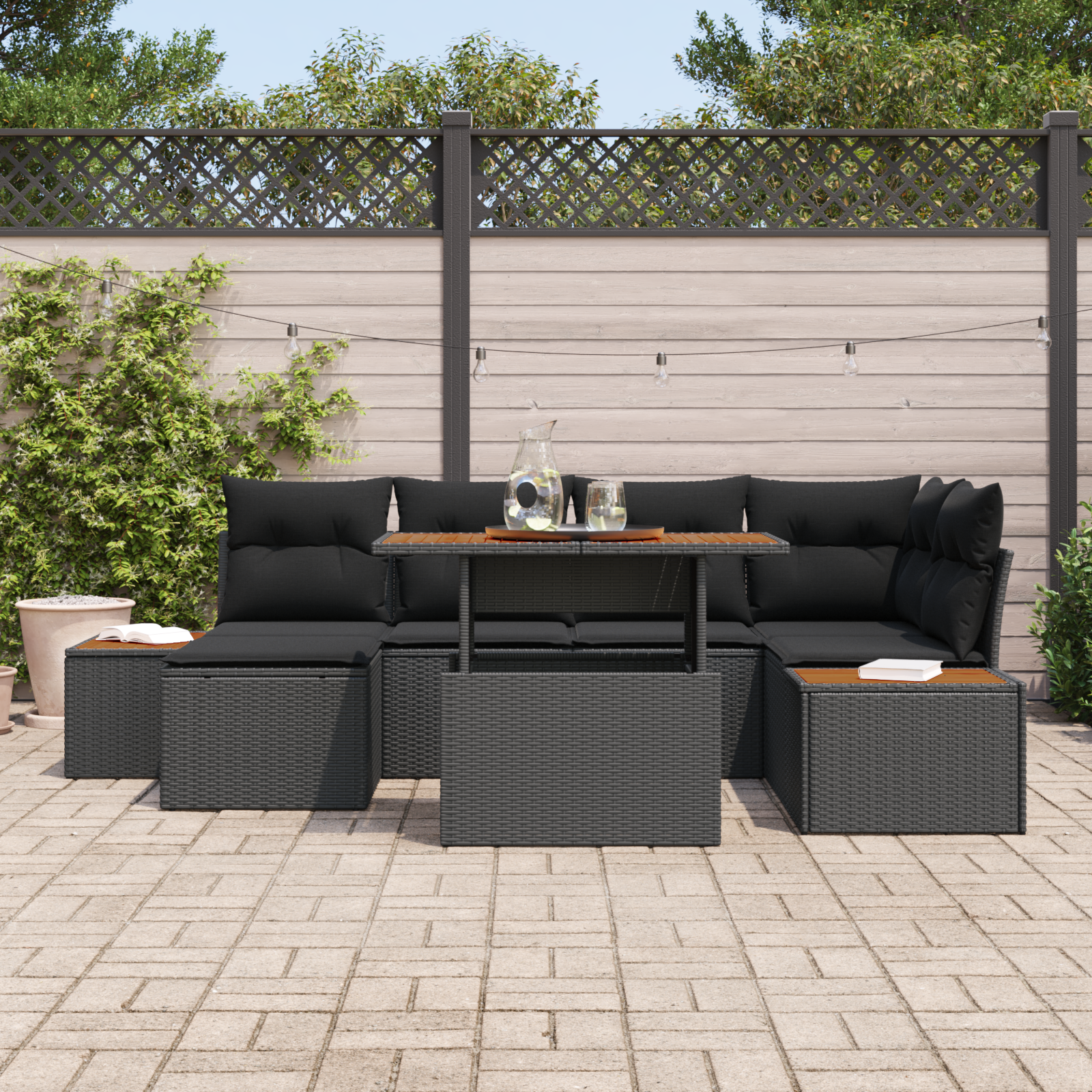 vidaXL 7-delige tuinsofa set met kussens in zwart poly rattan