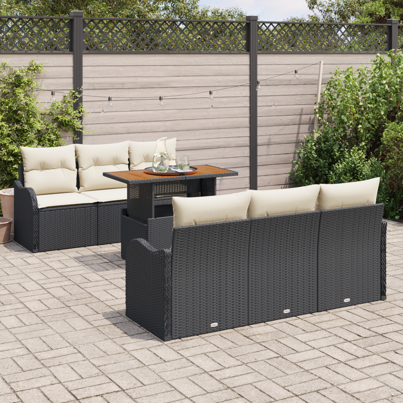 vidaXL 7-delige Tuinbankenset met kussens poly rattan zwart
