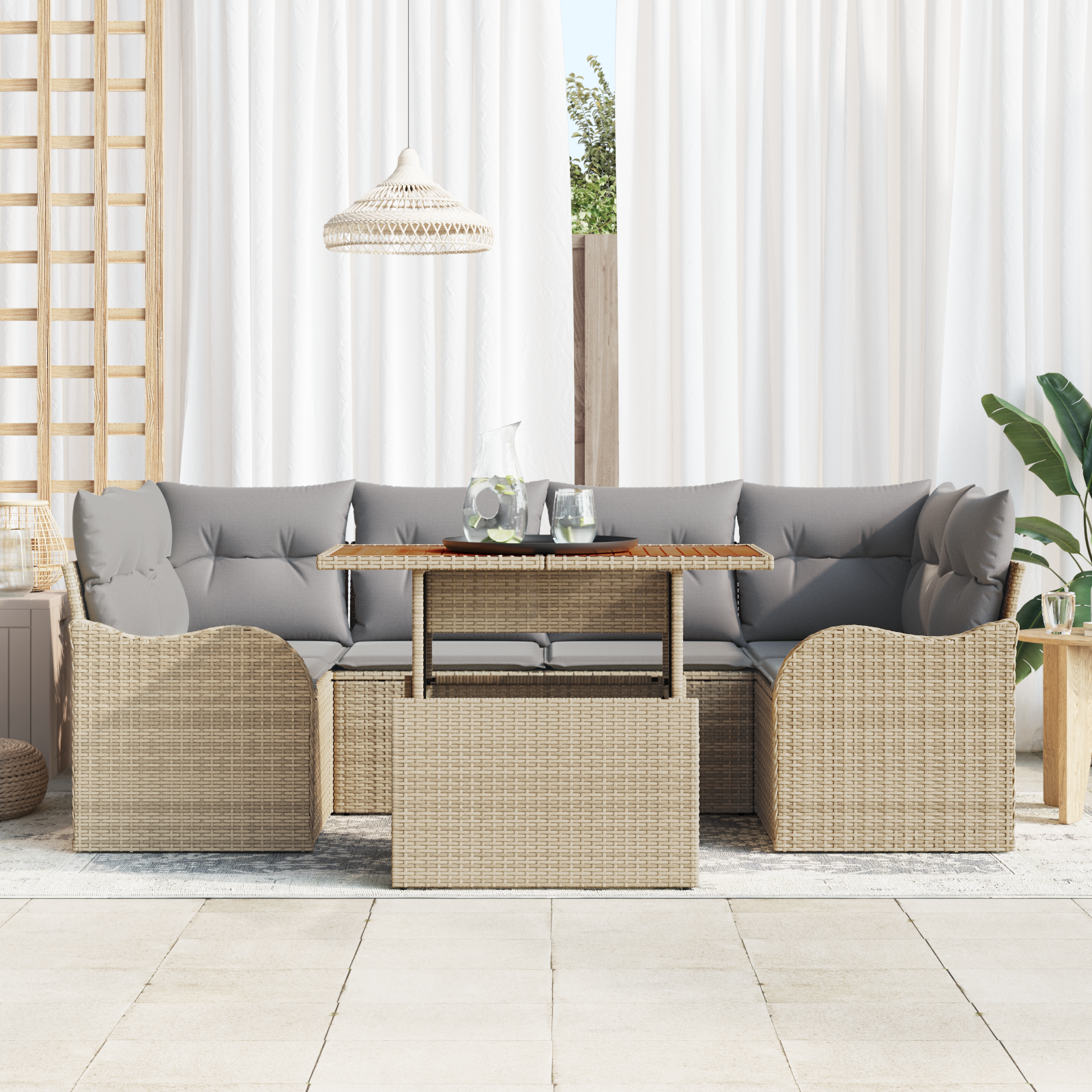 vidaXL 7-delige Tuinbankenset met kussens poly rattan beige