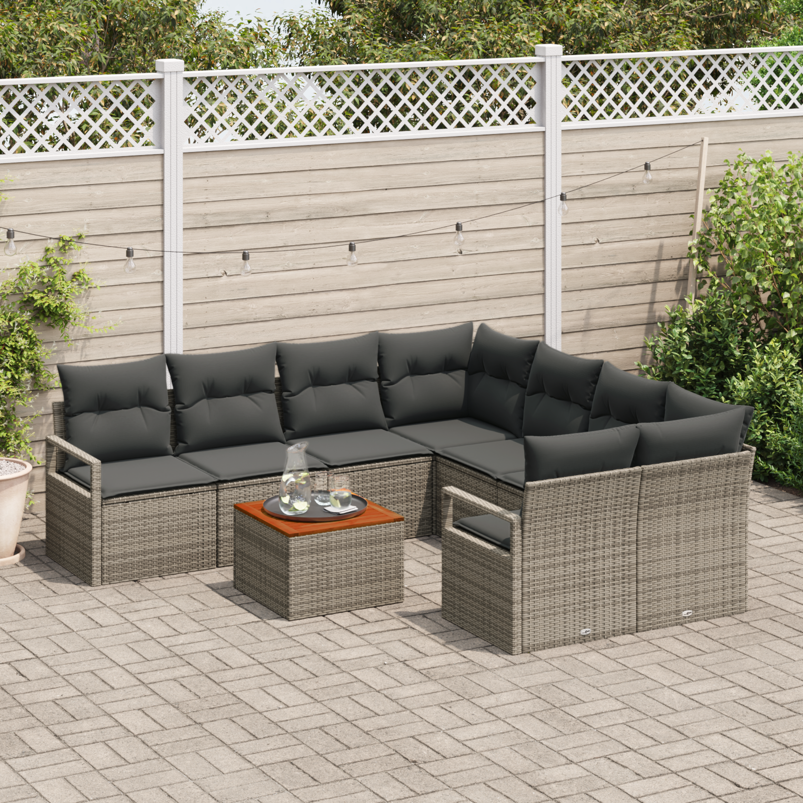 vidaXL 9-delige Tuinbankenset met kussens poly rattan acacia grijs