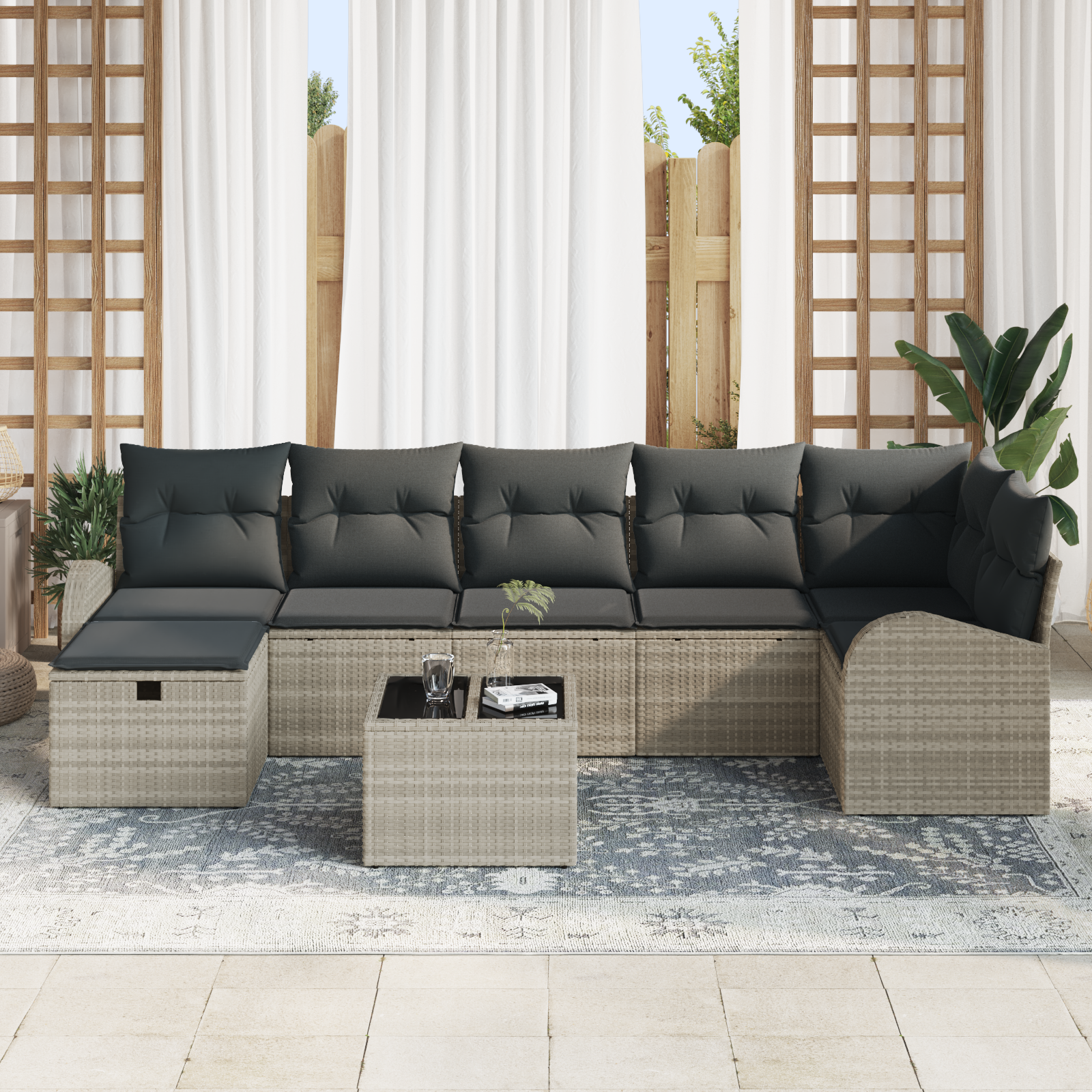vidaXL 8-delige Tuinbankenset met kussens poly rattan lichtgrijs