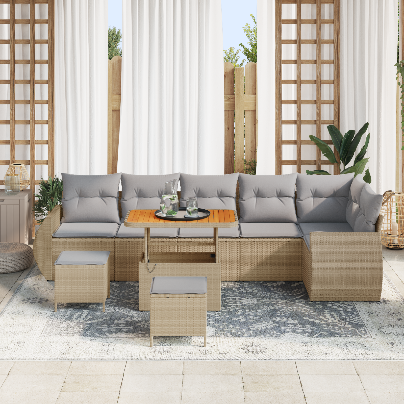 vidaXL 9-delige Tuinbankenset met kussens poly rattan acacia beige