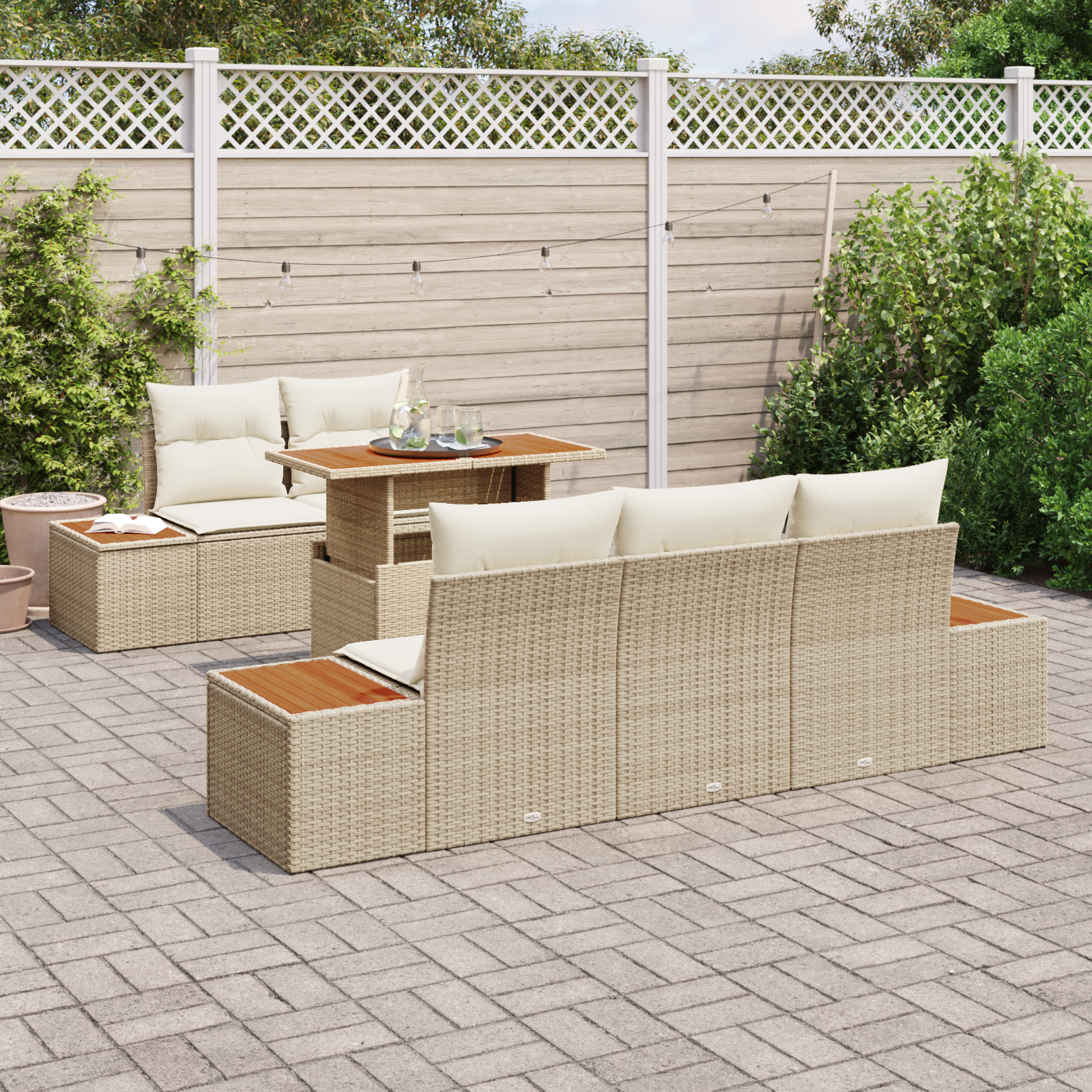 vidaXL 6-delige Tuinset met kussens poly rattan acaciahout beige