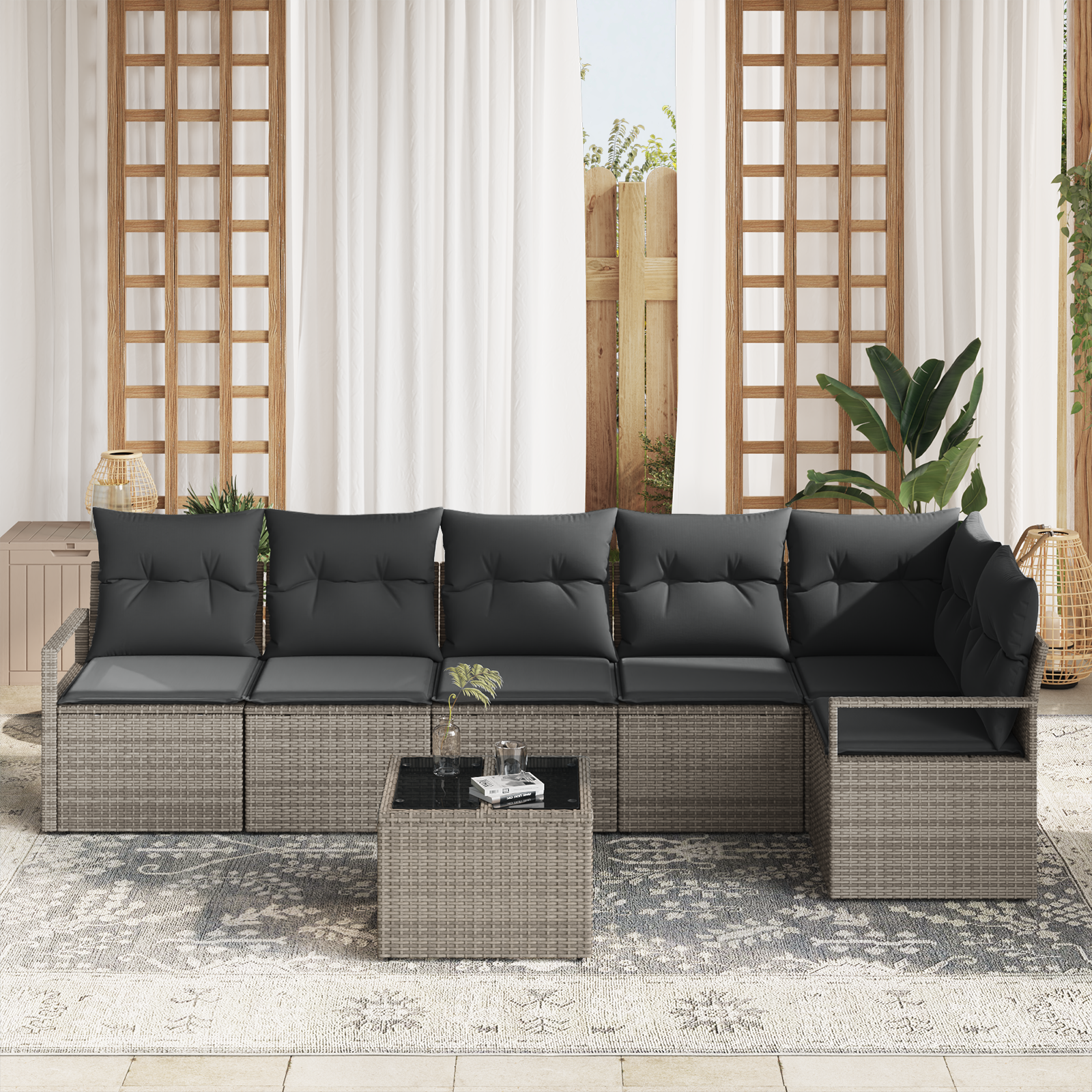 vidaXL 6-delige Tuinbankenset met kussens poly rattan zwart
