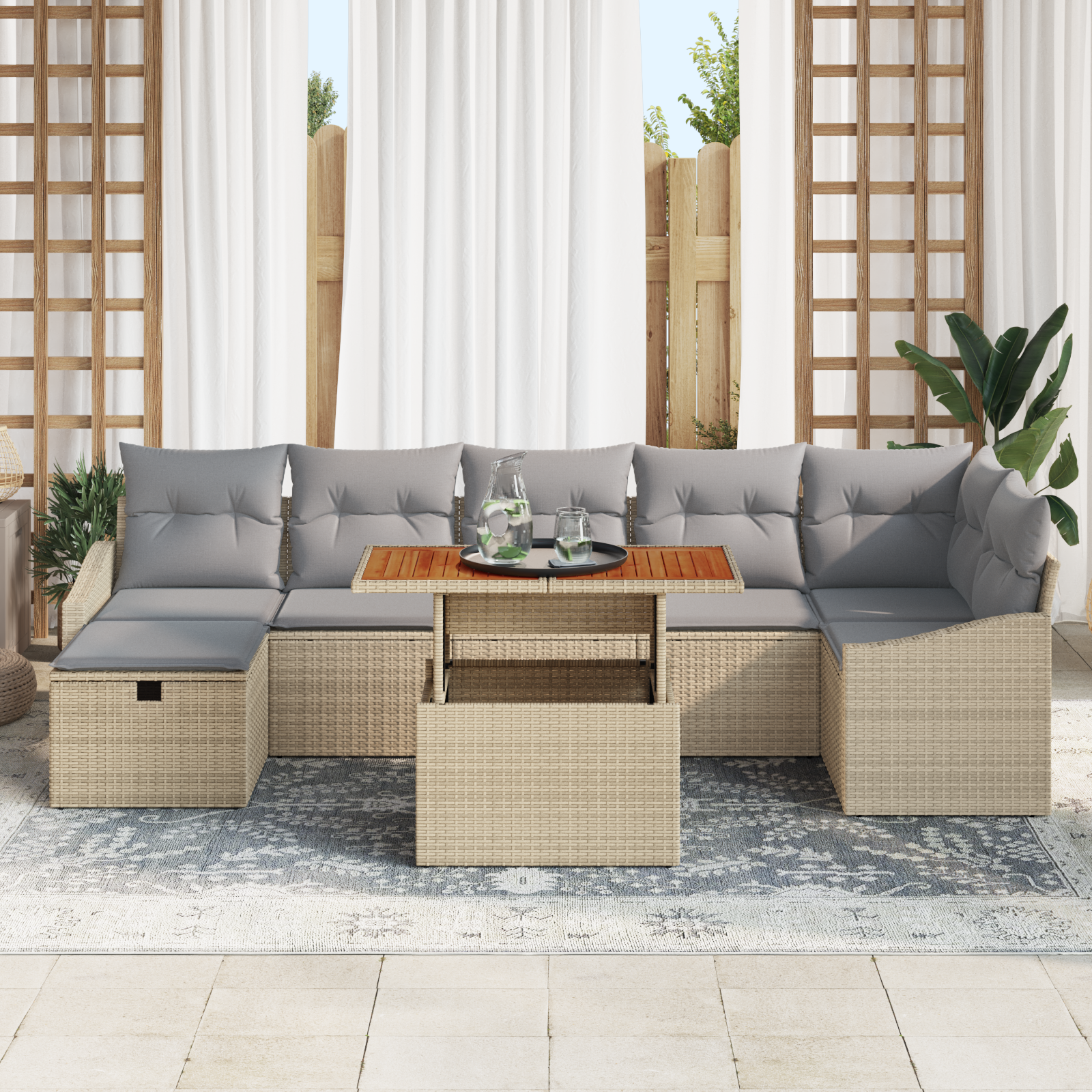 vidaXL 8-delige Tuinbankenset met kussens poly rattan beige