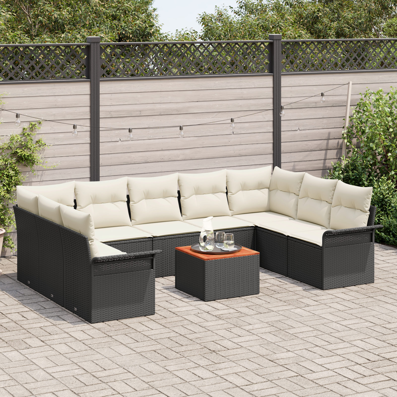 vidaXL 10-delige Tuinbankenset en kussens poly rattan acaciahout zwart