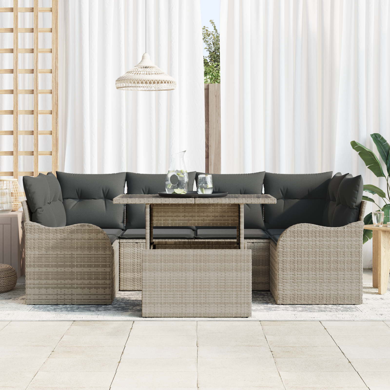 vidaXL 7 delige Tuinbankenset met kussens poly rattan lichtgrijs