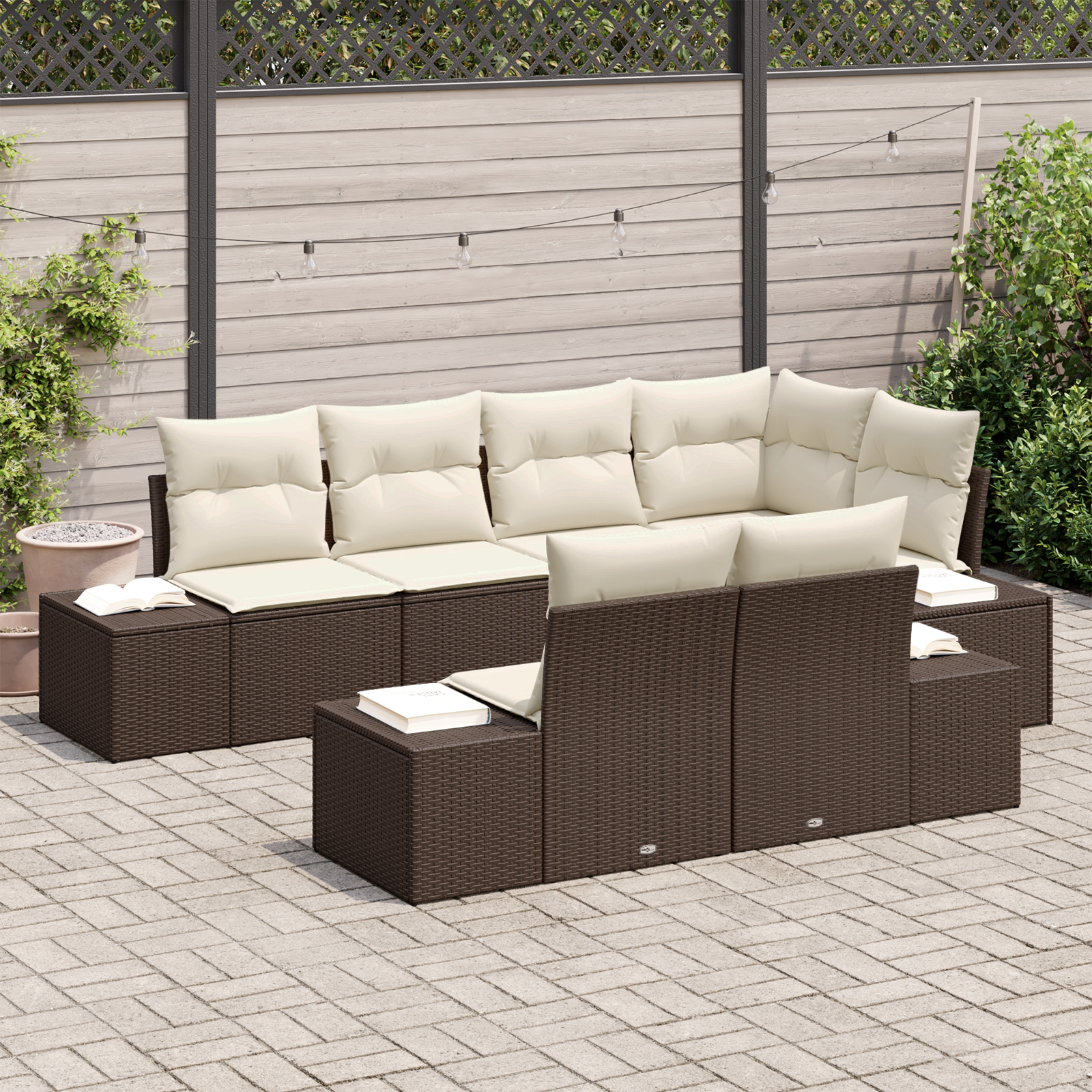 vidaXL 7-delige Tuinbankenset met kussens poly rattan bruin