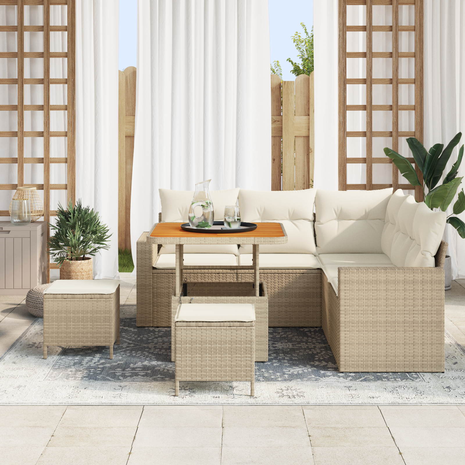 vidaXL 8-delige tuinset met kussens in beige poly rattan en acacia