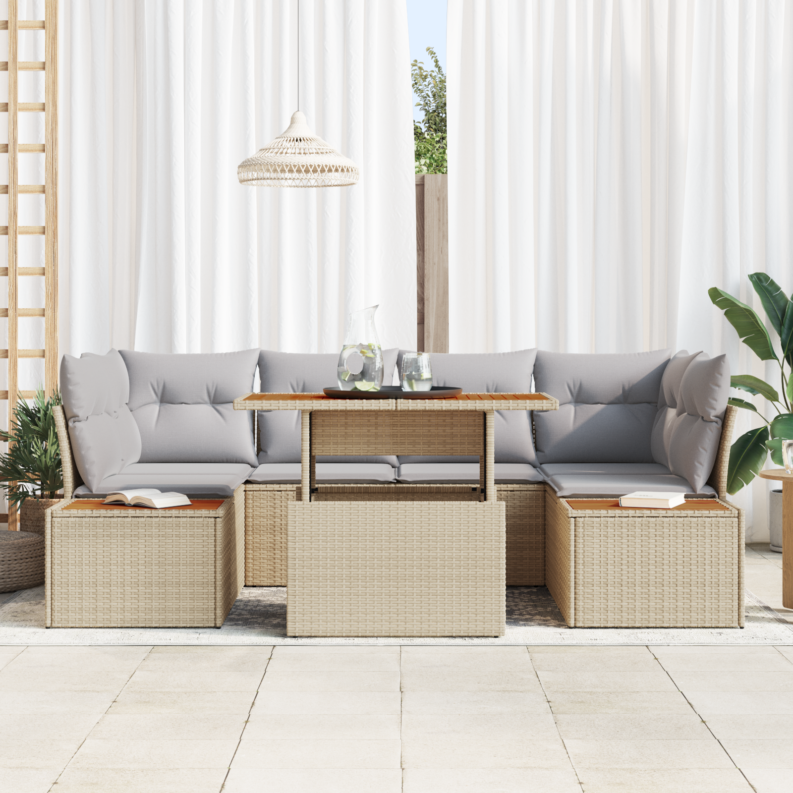 vidaXL 6-delige tuinset met kussens Beige Poly Rattan