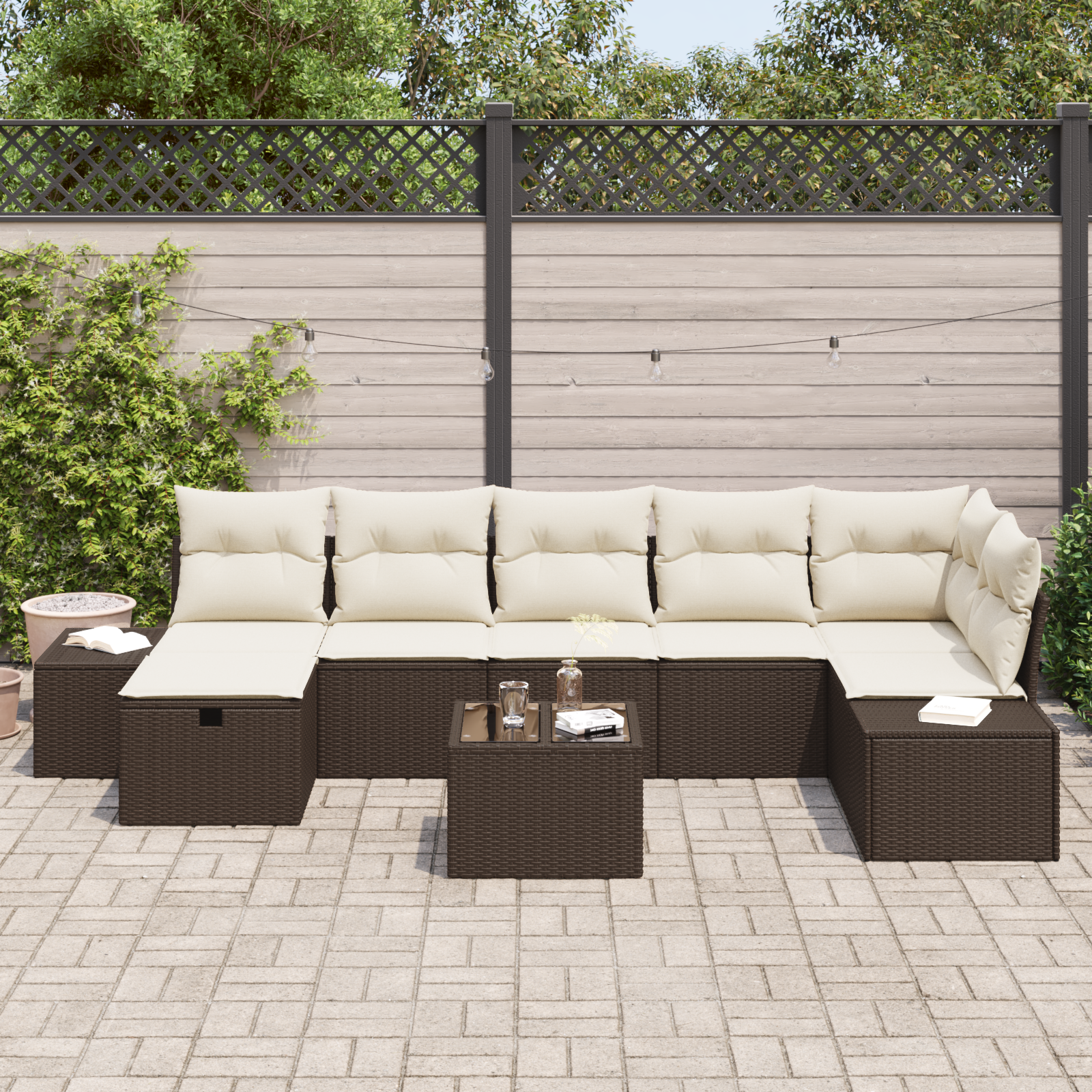 vidaXL 8-delige Tuinbankenset met kussens poly rattan bruin