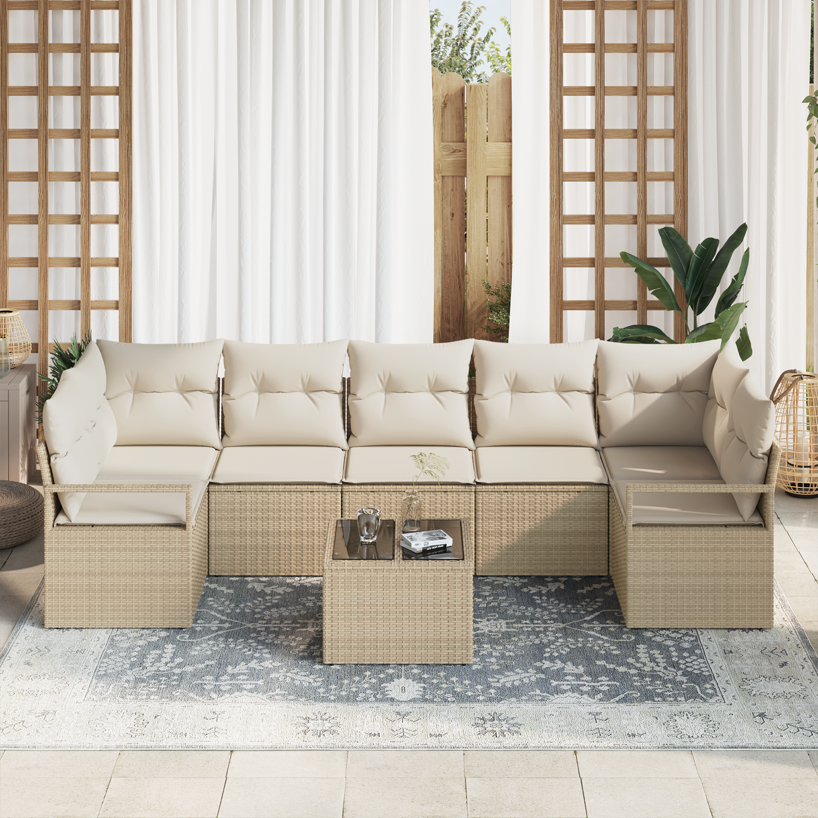 vidaXL 8-delige tuinset met kussens in beige poly rattan