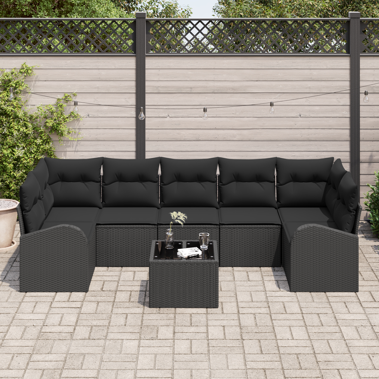 vidaXL 8-delige Tuinbankenset met kussens poly rattan zwart
