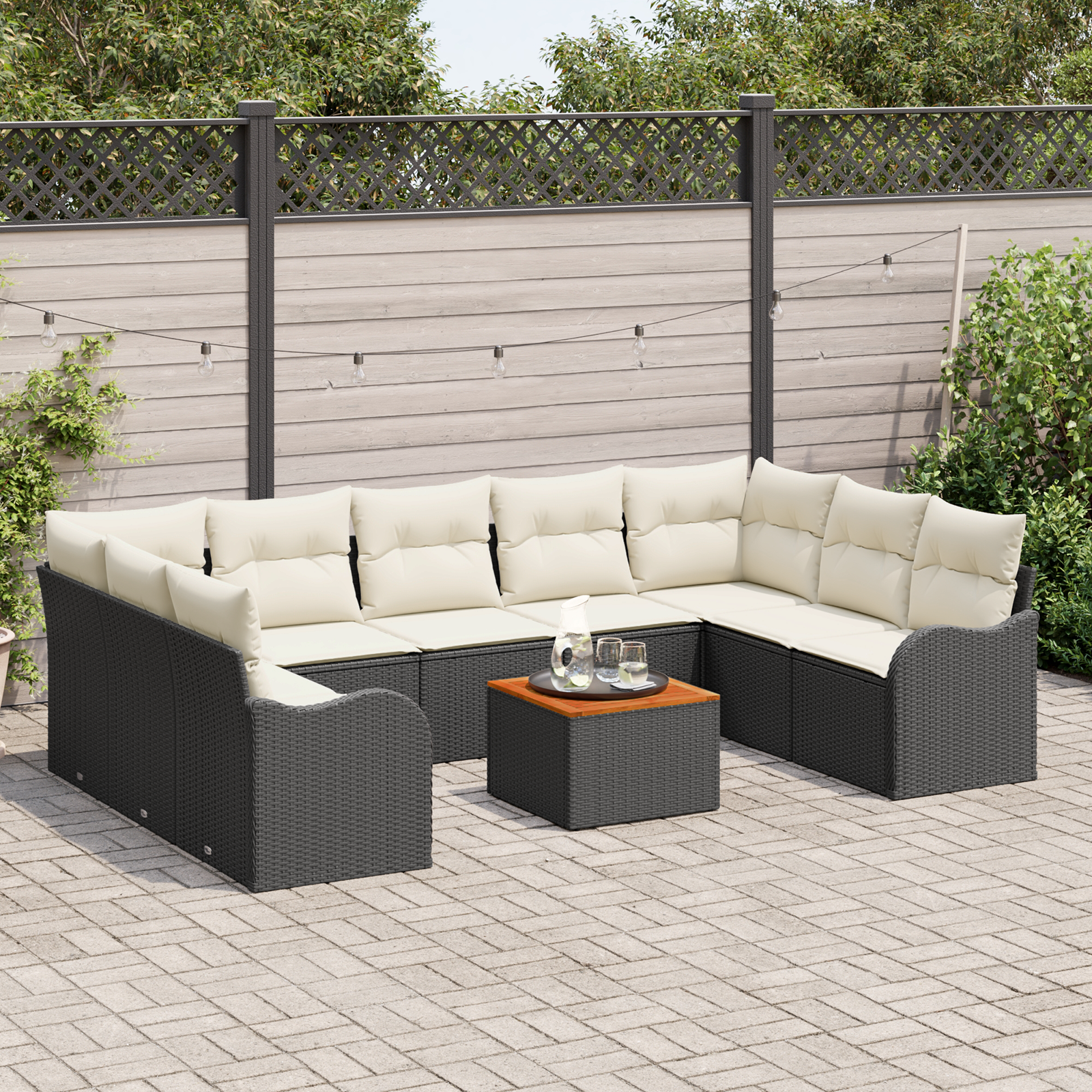vidaXL 10-delige tuinsofa set met kussens zwart poly rattan acacia