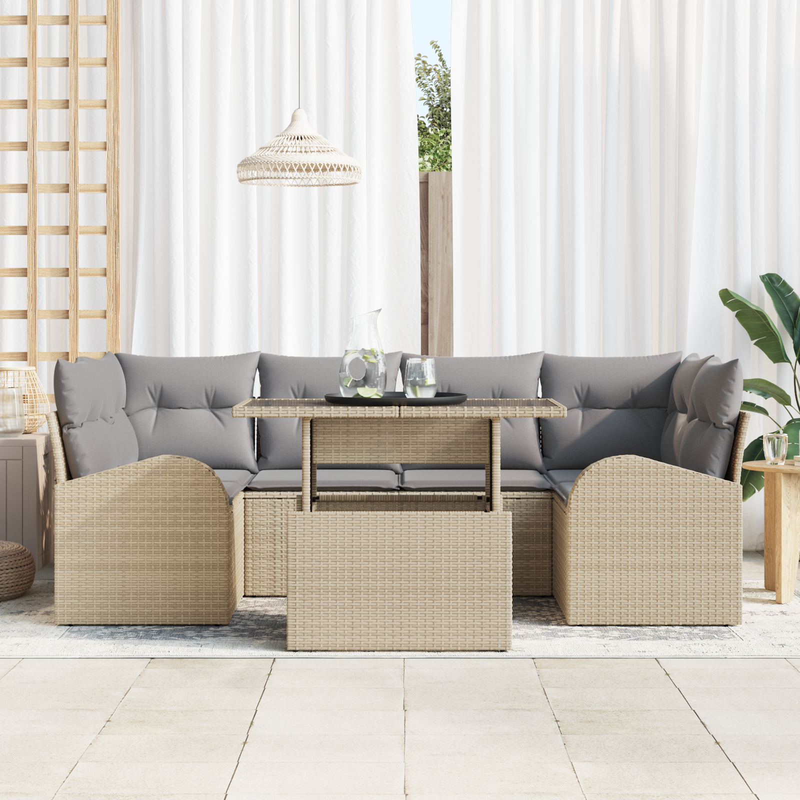 vidaXL 7-delige Tuinbankenset met kussens poly rattan beige