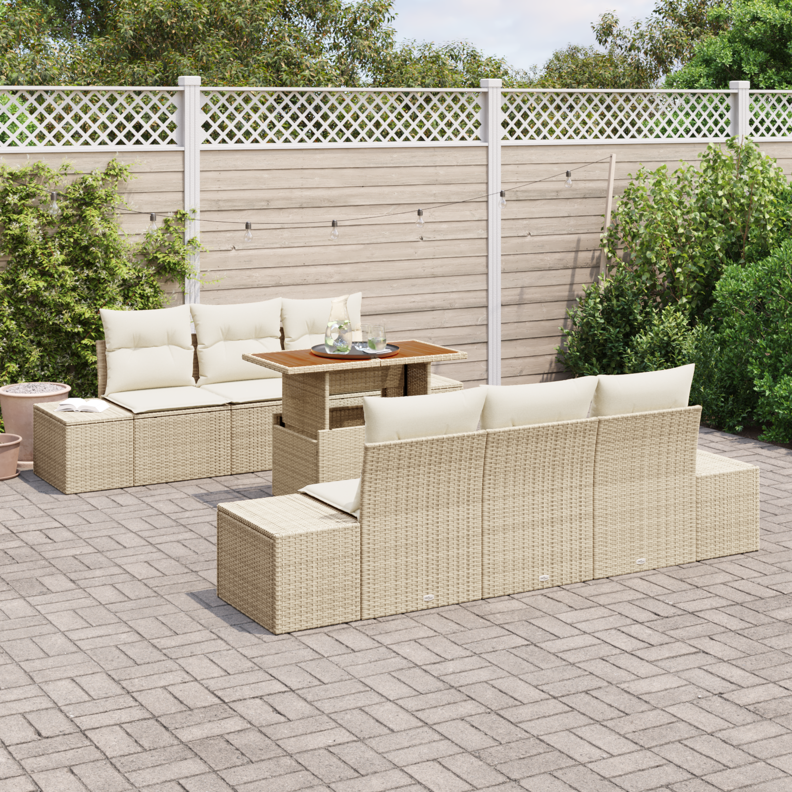 vidaXL 7-delige Tuinset met kussens poly rattan acaciahout beige