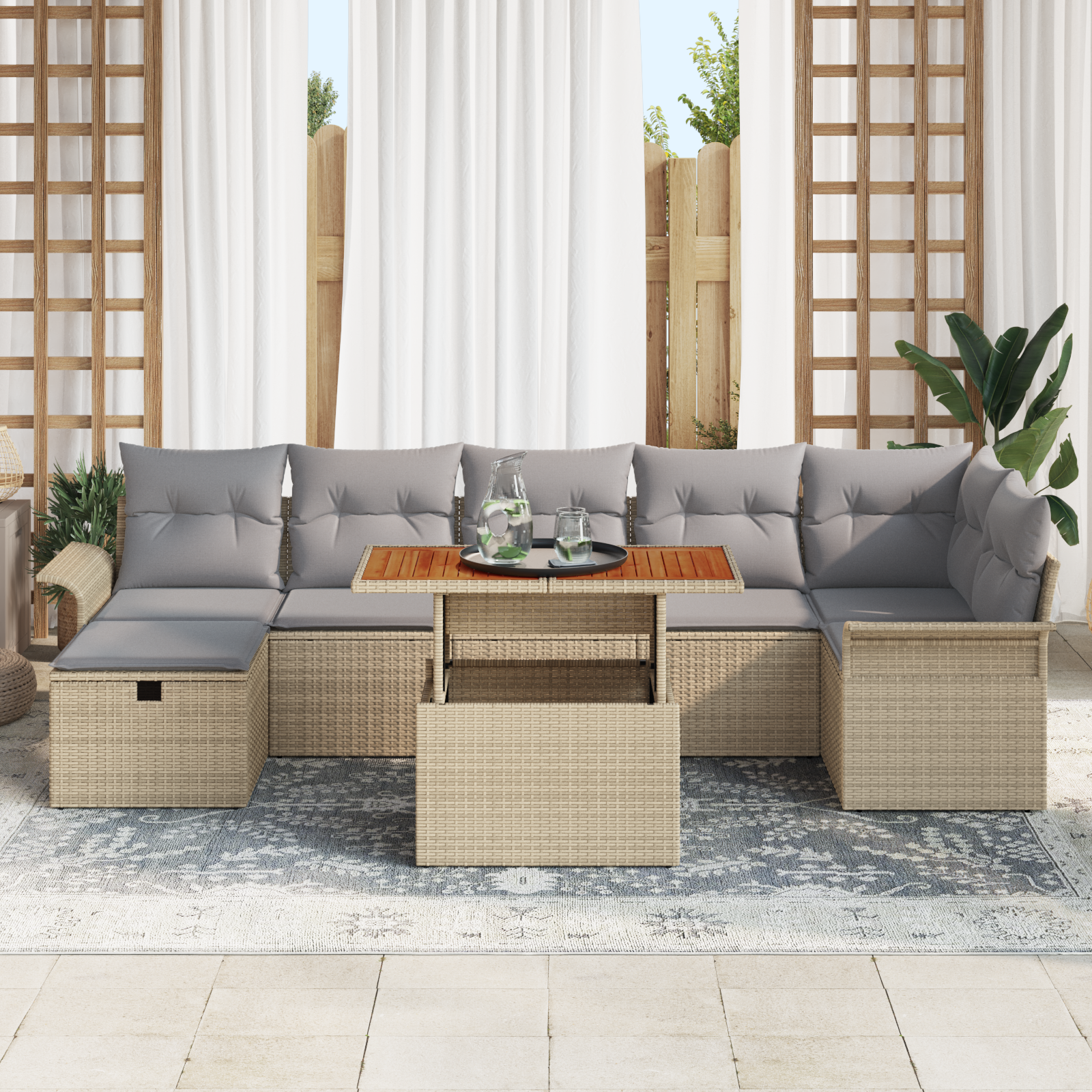 vidaXL 8-delige tuinset met kussens in beige poly rattan