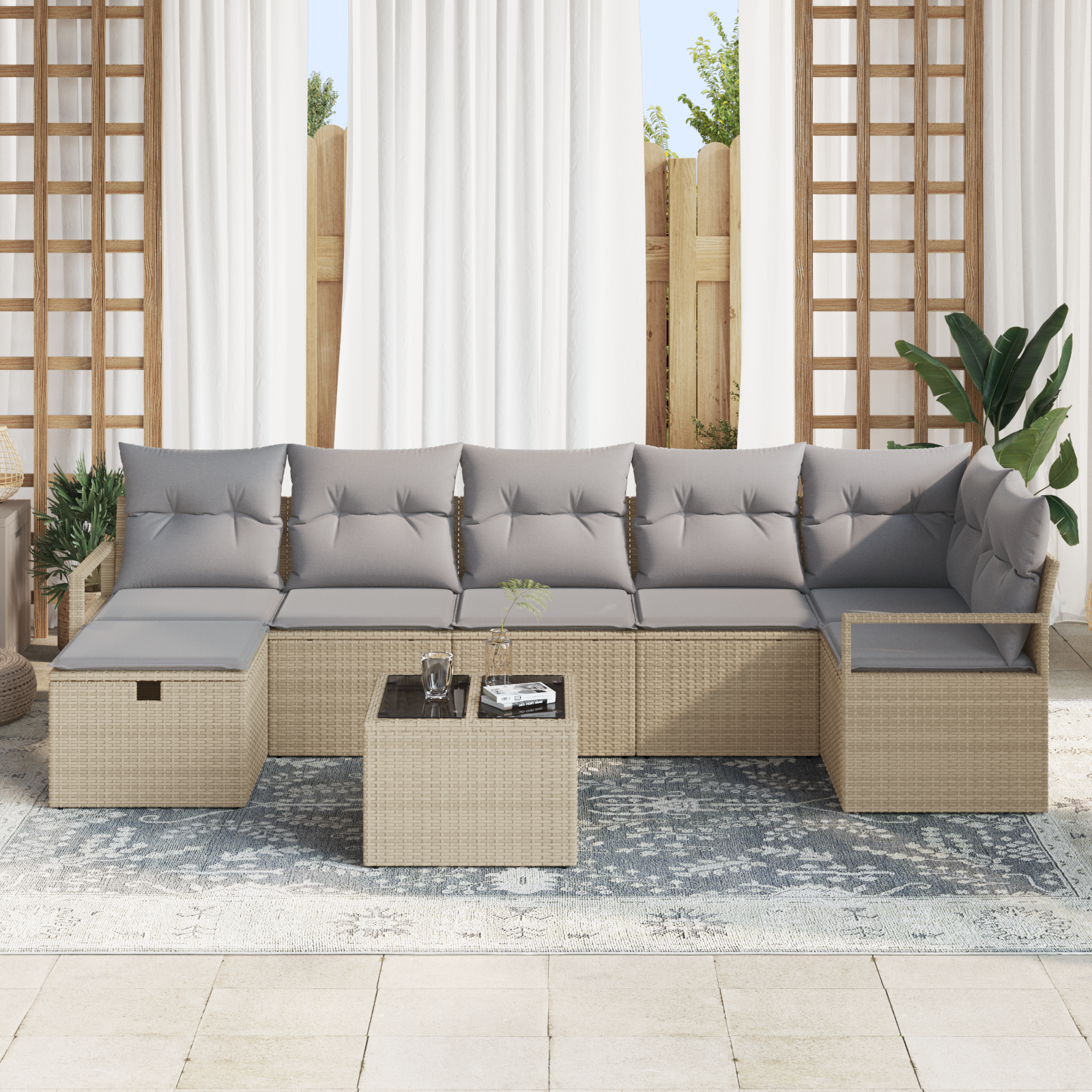 vidaXL 8-delige Tuinbankenset met kussens poly rattan beige