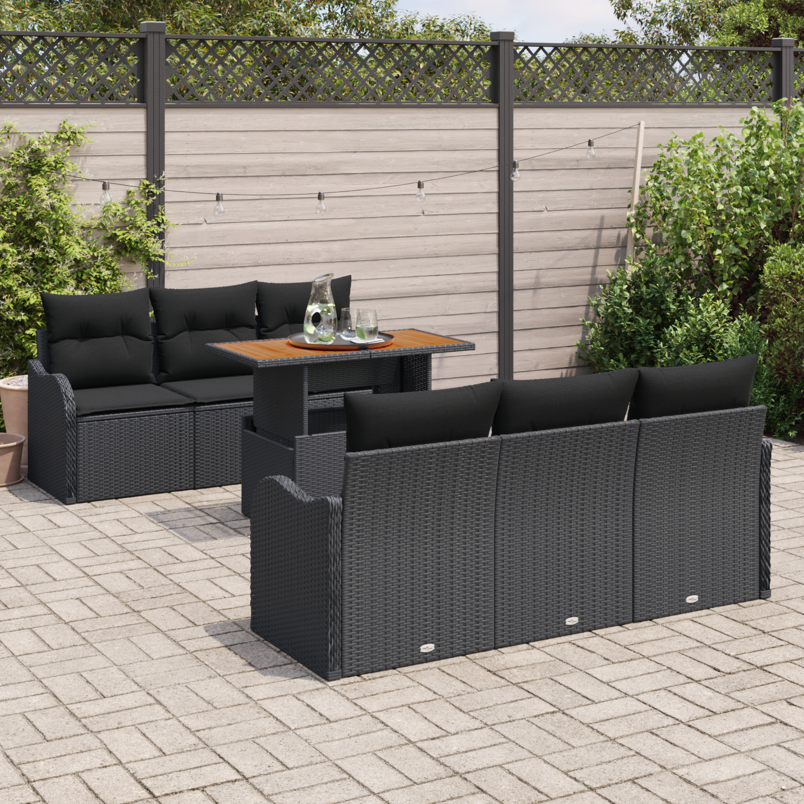 vidaXL 7-delige Tuinbankenset met kussens poly rattan zwart