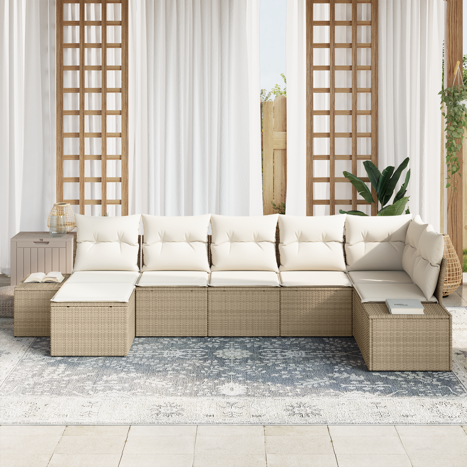 vidaXL 7-delige tuinbank set met kussens beige poly rattan