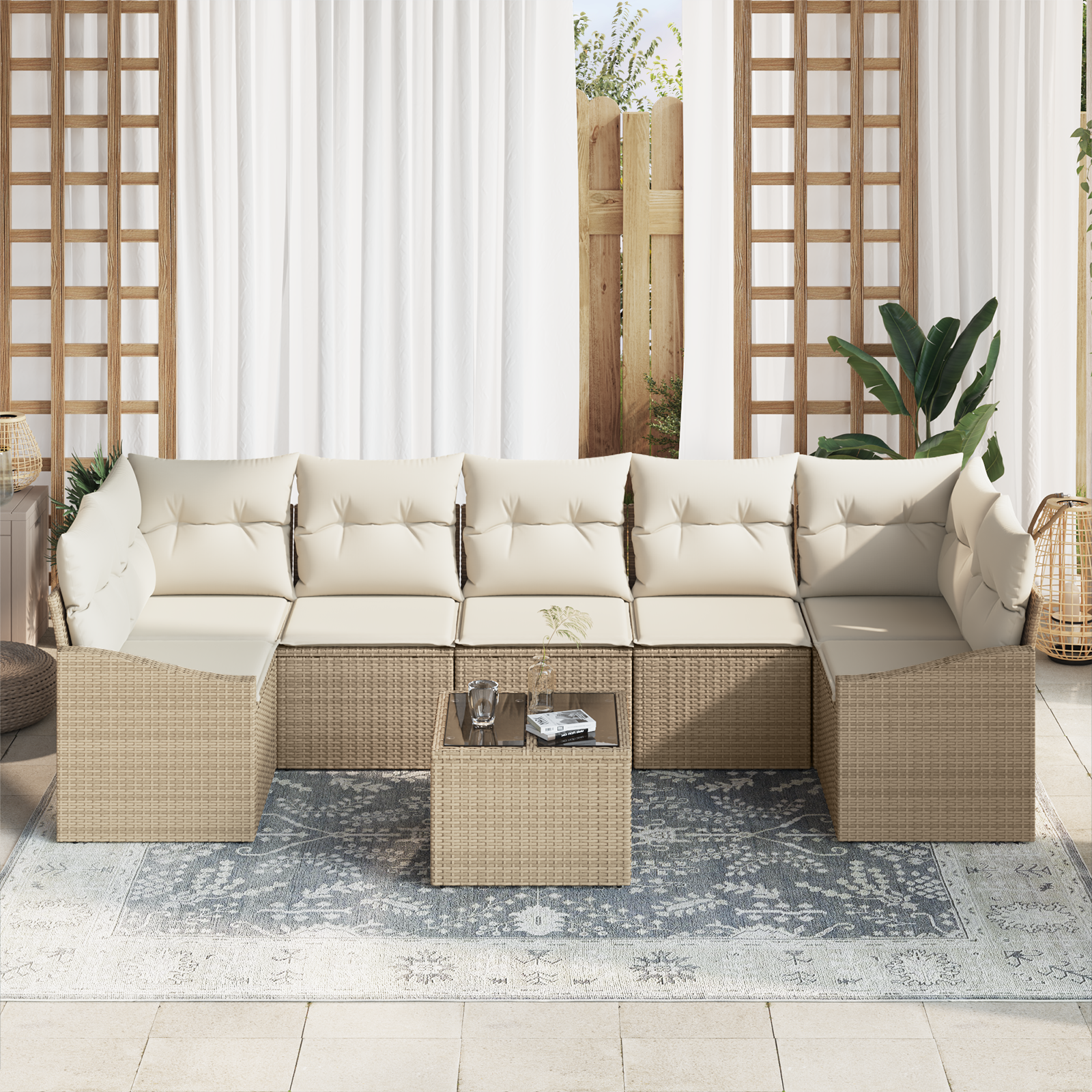 vidaXL 8-delige tuinset met kussens in beige poly rattan